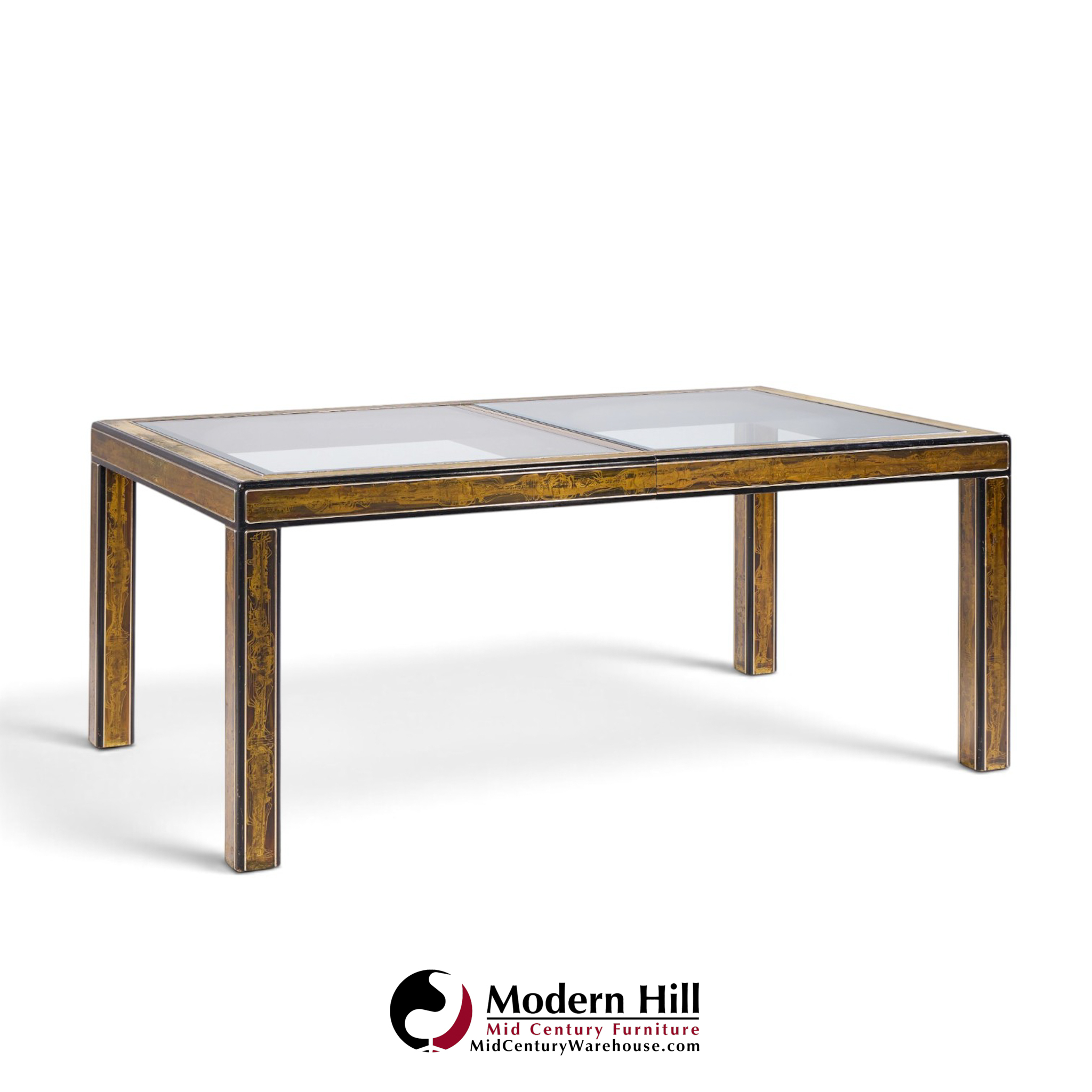 bernhard rohne for mastercraft mid century lacquered etched brass panel expanding dining table with 1 leaf