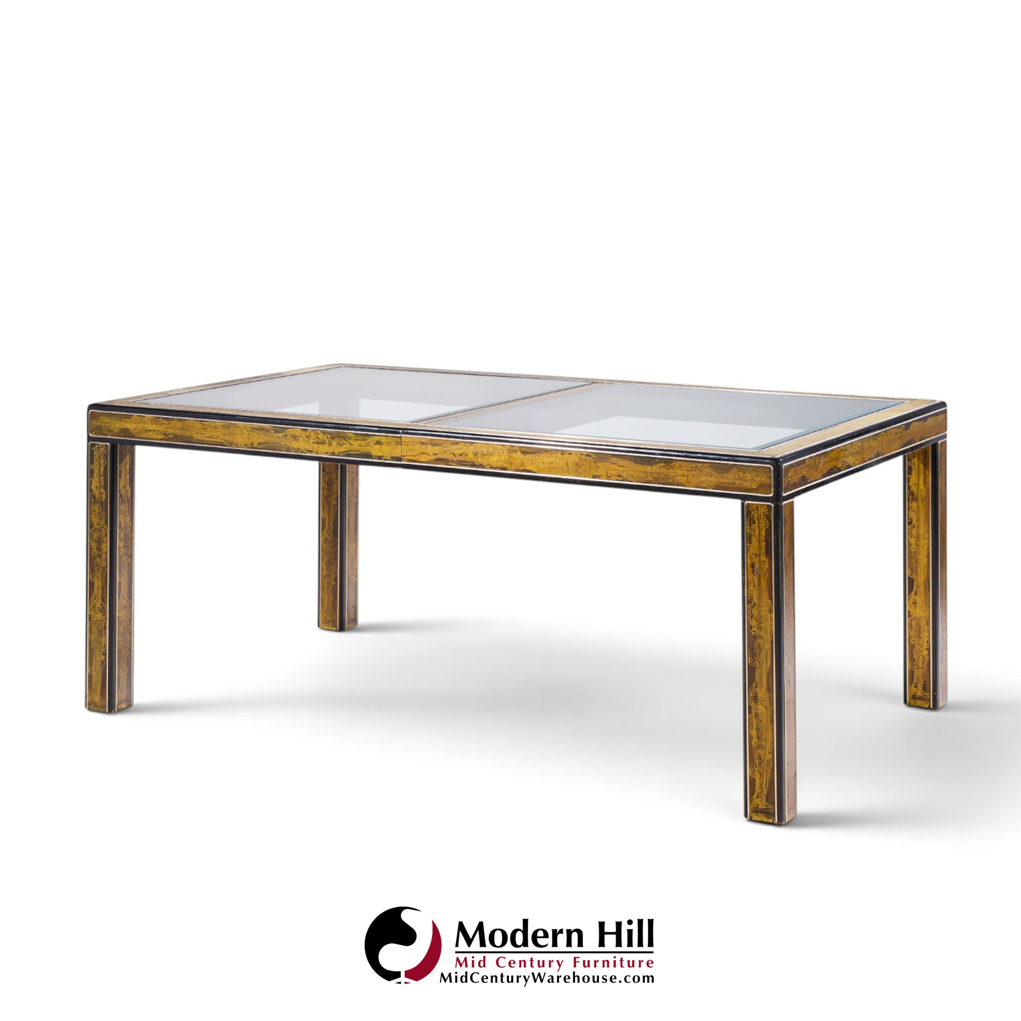 bernhard rohne for mastercraft mid century lacquered etched brass panel expanding dining table with 1 leaf