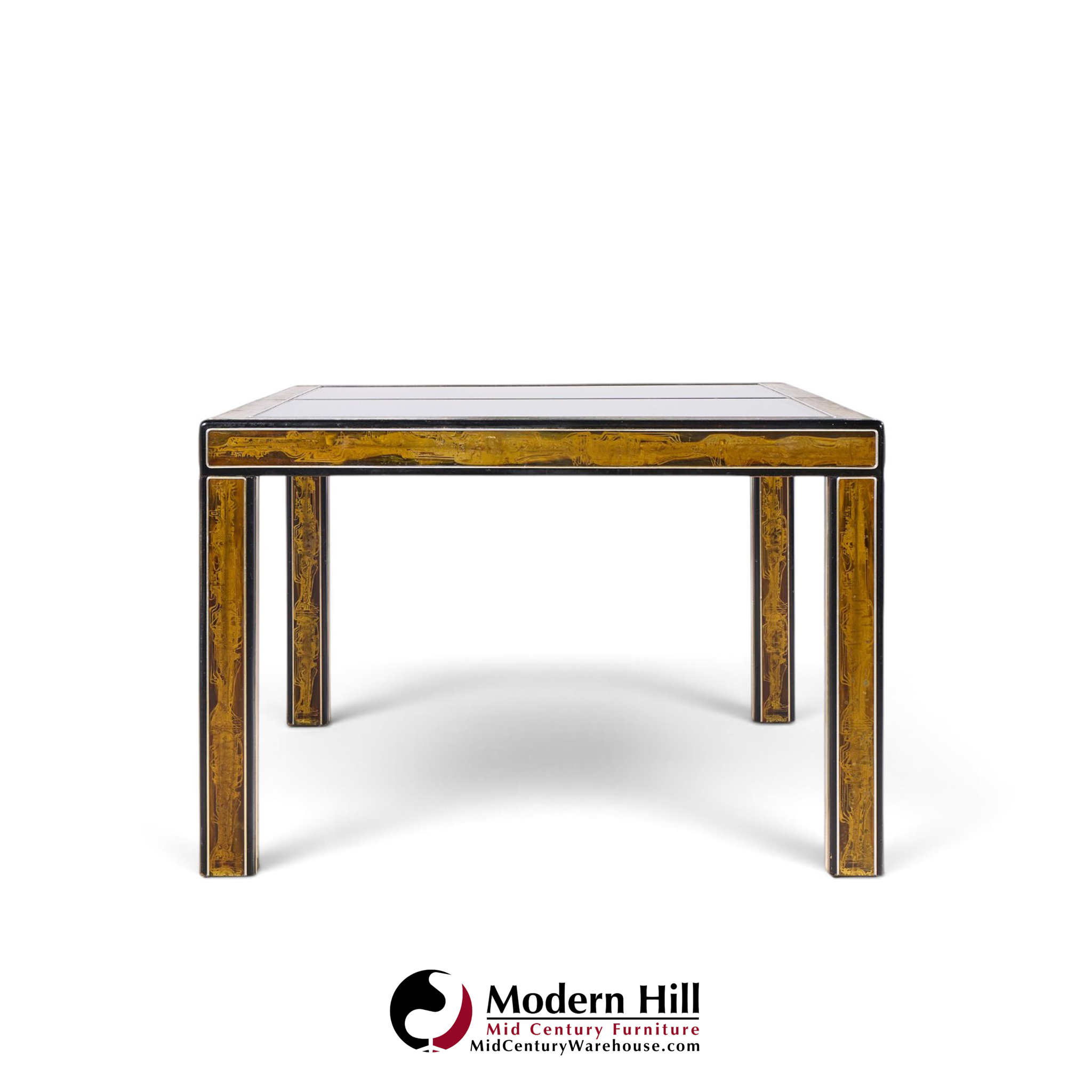 bernhard rohne for mastercraft mid century lacquered etched brass panel expanding dining table with 1 leaf