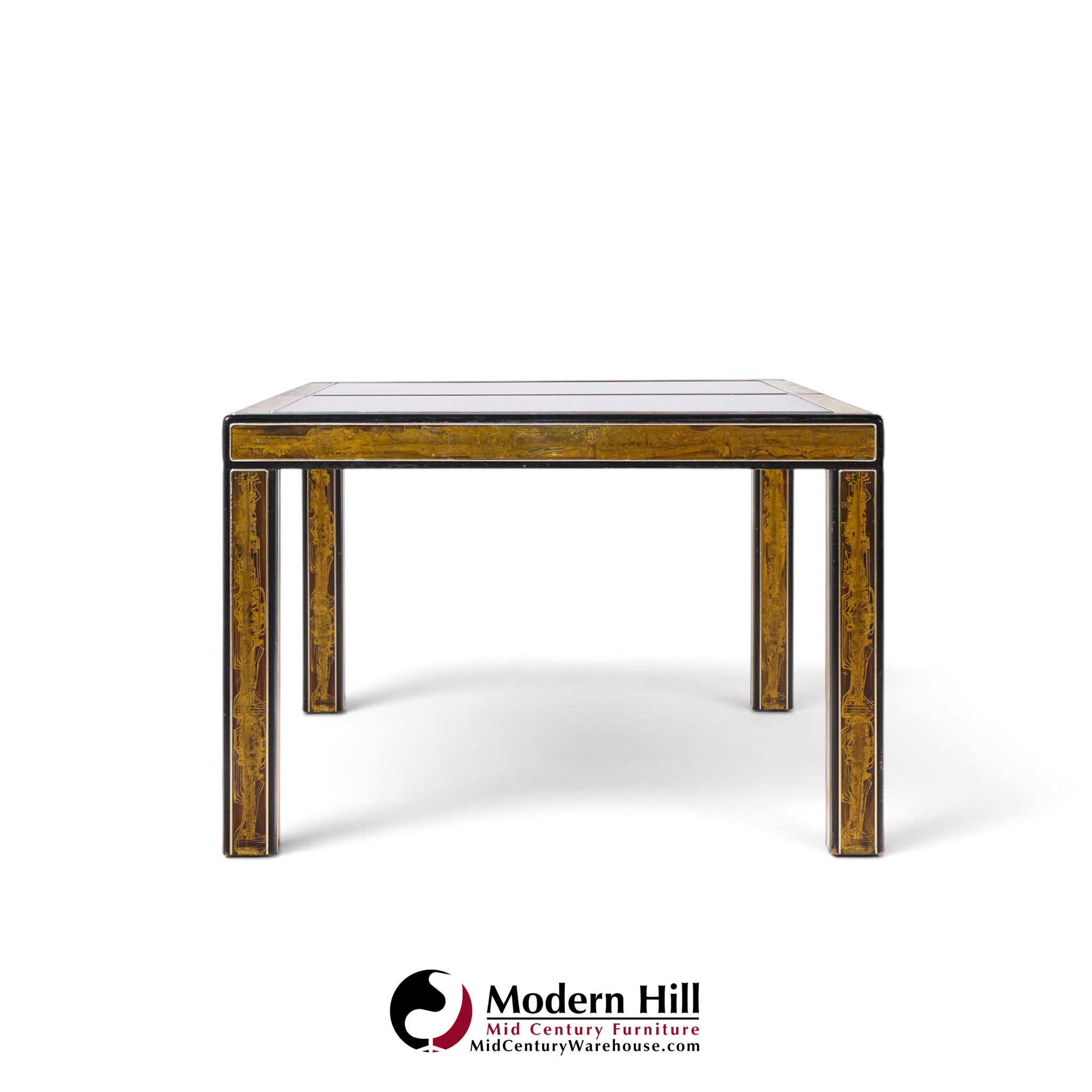 bernhard rohne for mastercraft mid century lacquered etched brass panel expanding dining table with 1 leaf