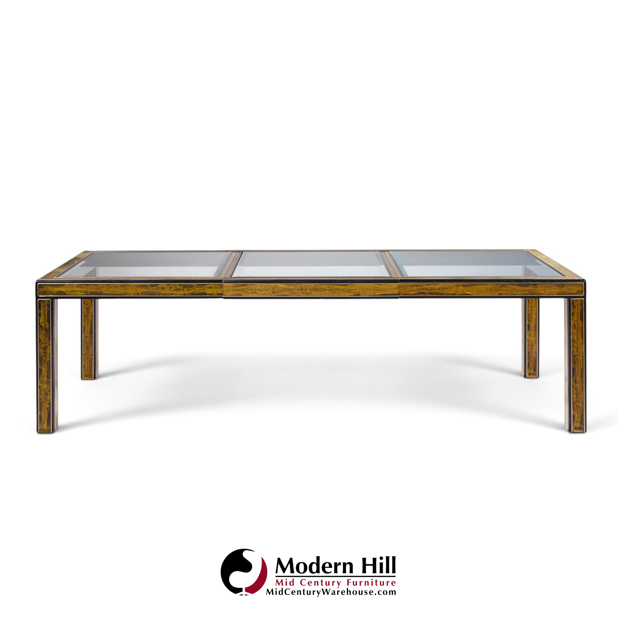bernhard rohne for mastercraft mid century lacquered etched brass panel expanding dining table with 1 leaf