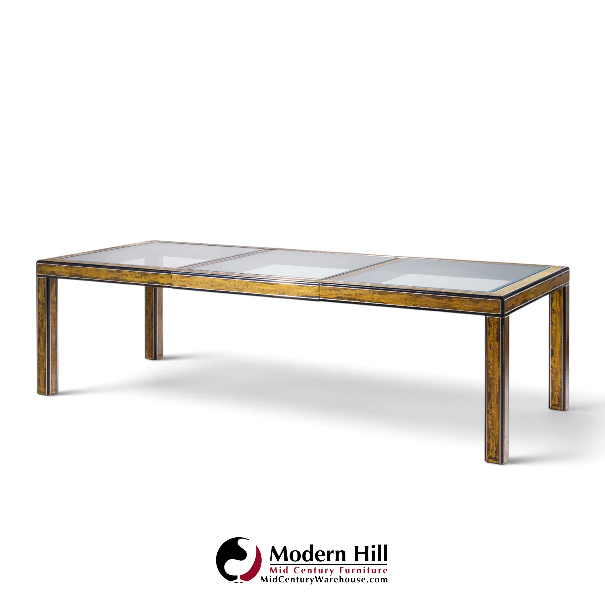bernhard rohne for mastercraft mid century lacquered etched brass panel expanding dining table with 1 leaf