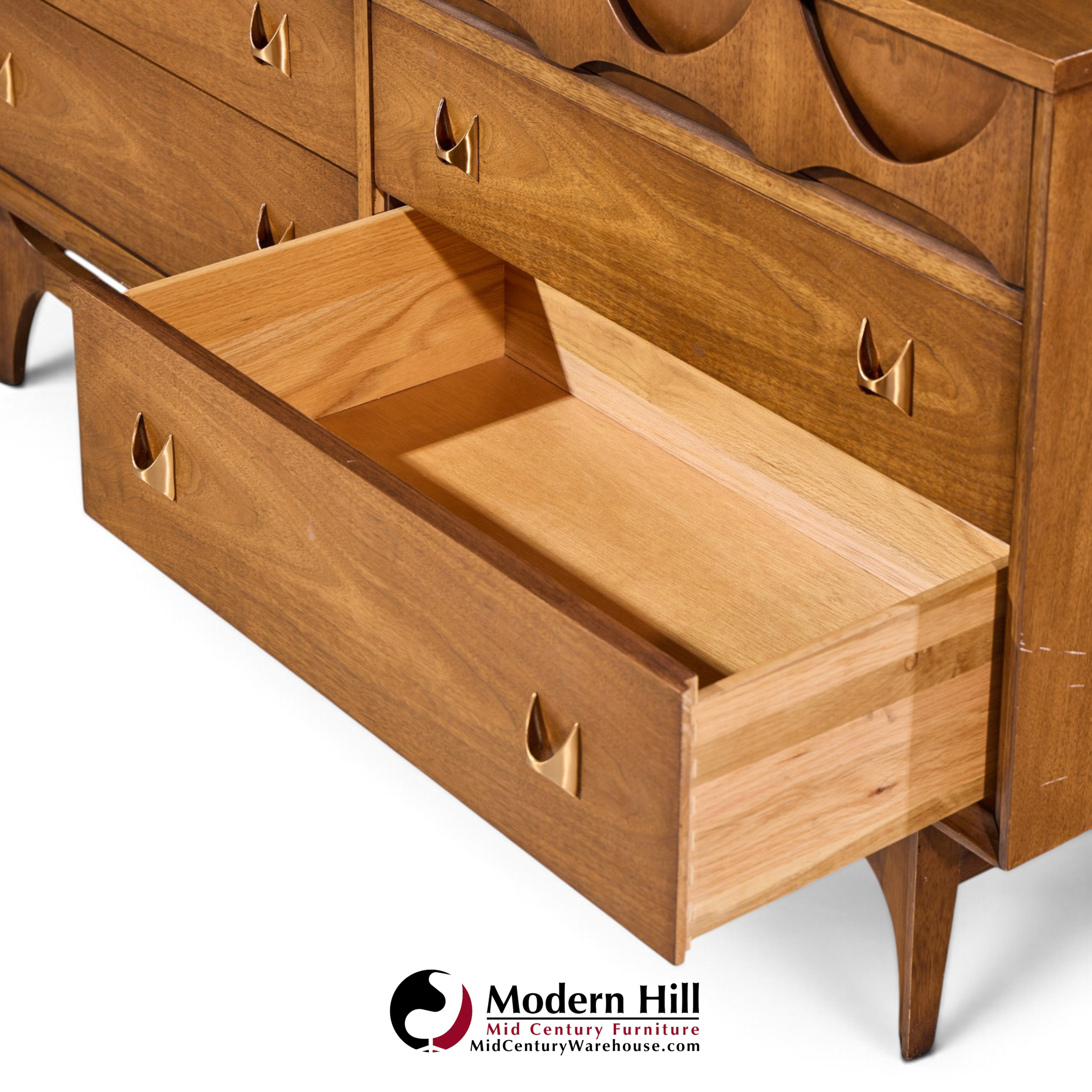 broyhill brasilia mid century walnut and brass 6 drawer dresser