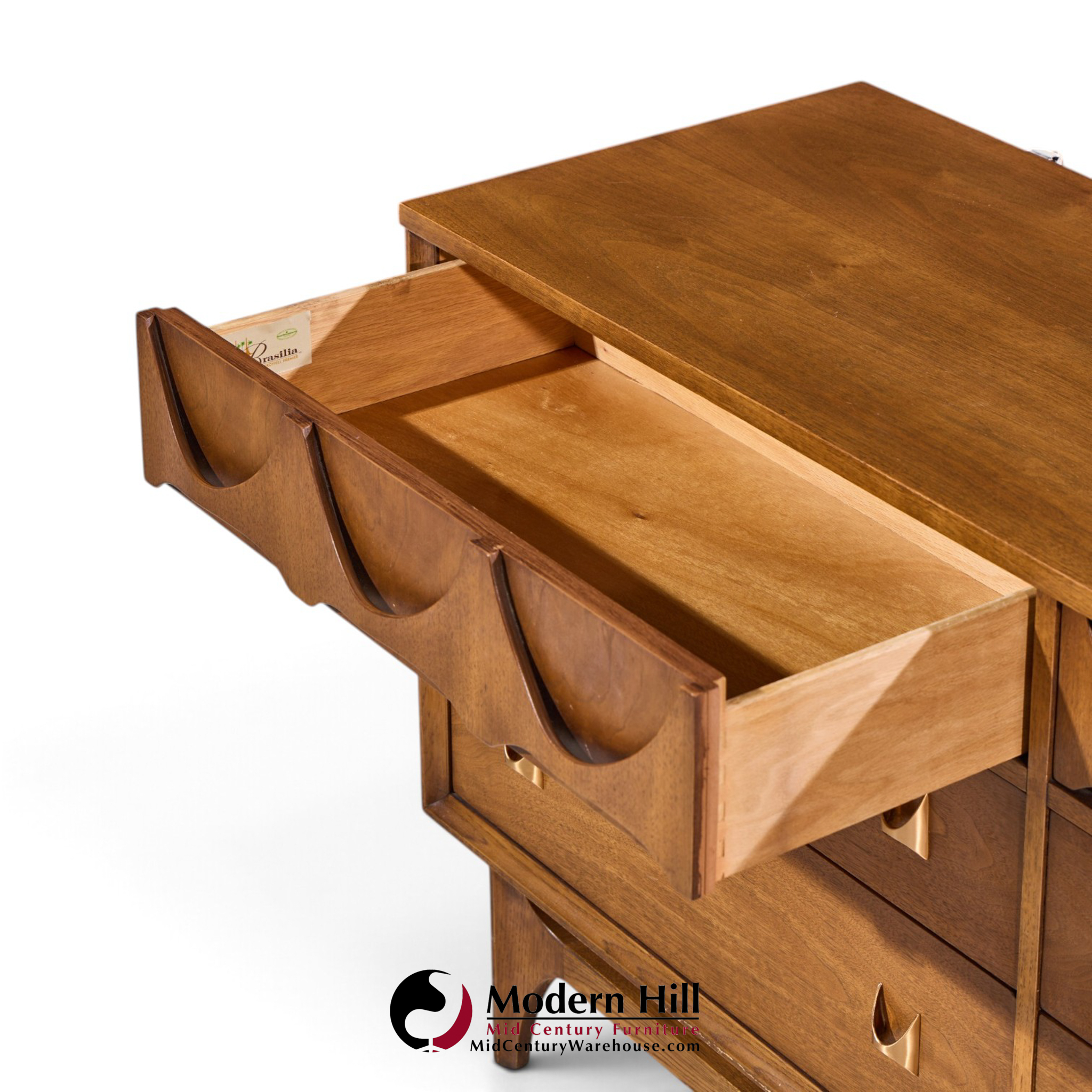 broyhill brasilia mid century walnut and brass 6 drawer dresser