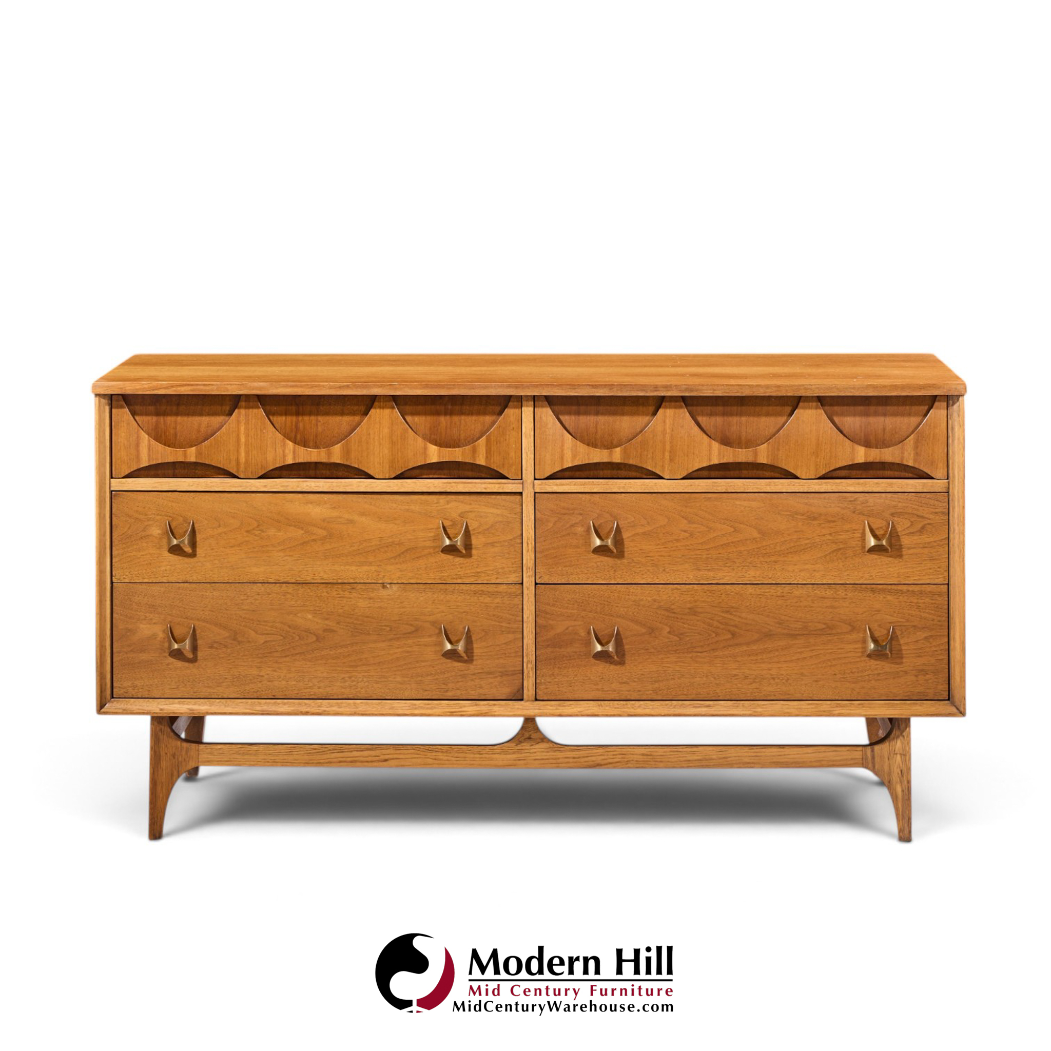broyhill brasilia mid century walnut and brass 6-drawer lowboy dresser