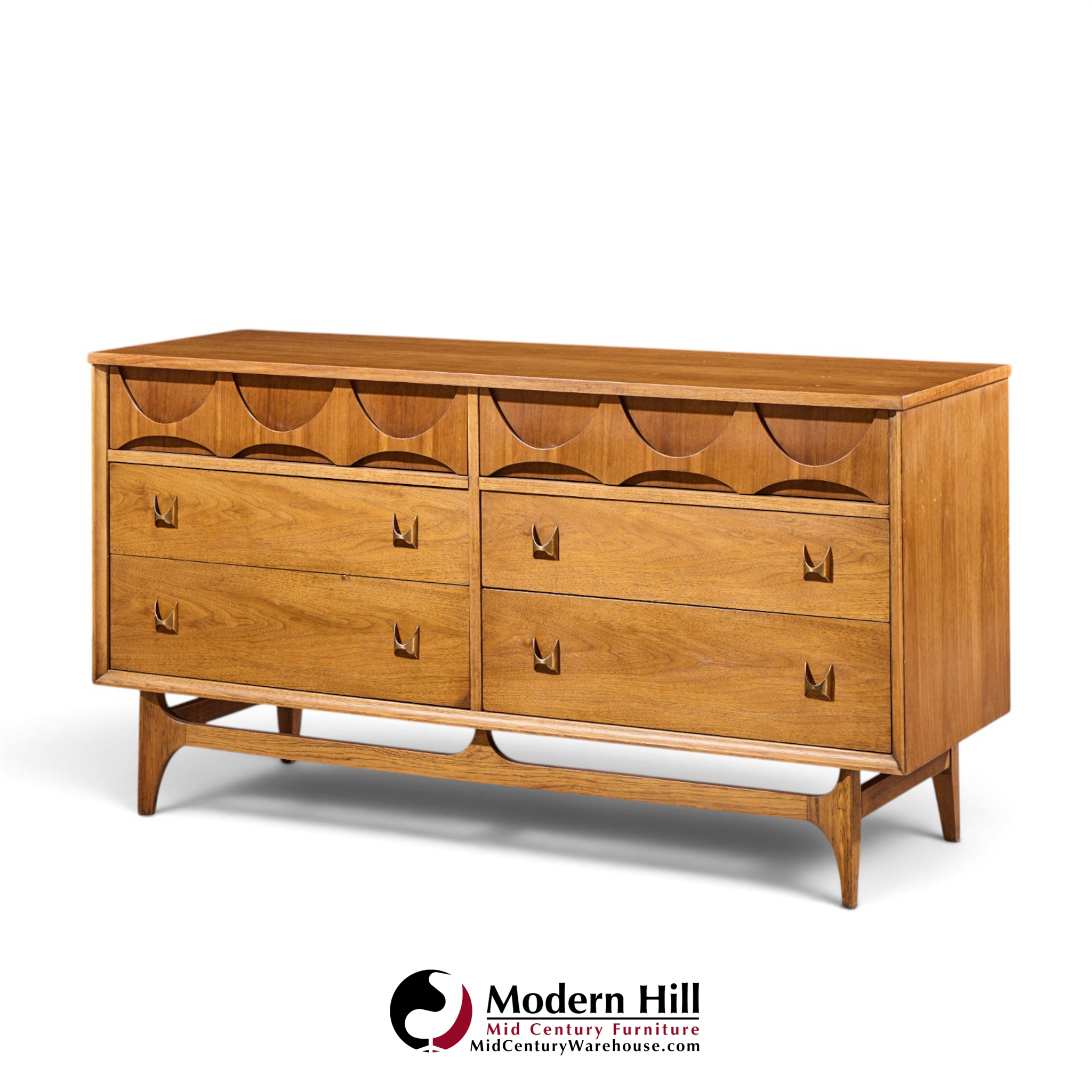 broyhill brasilia mid century walnut and brass 6-drawer lowboy dresser
