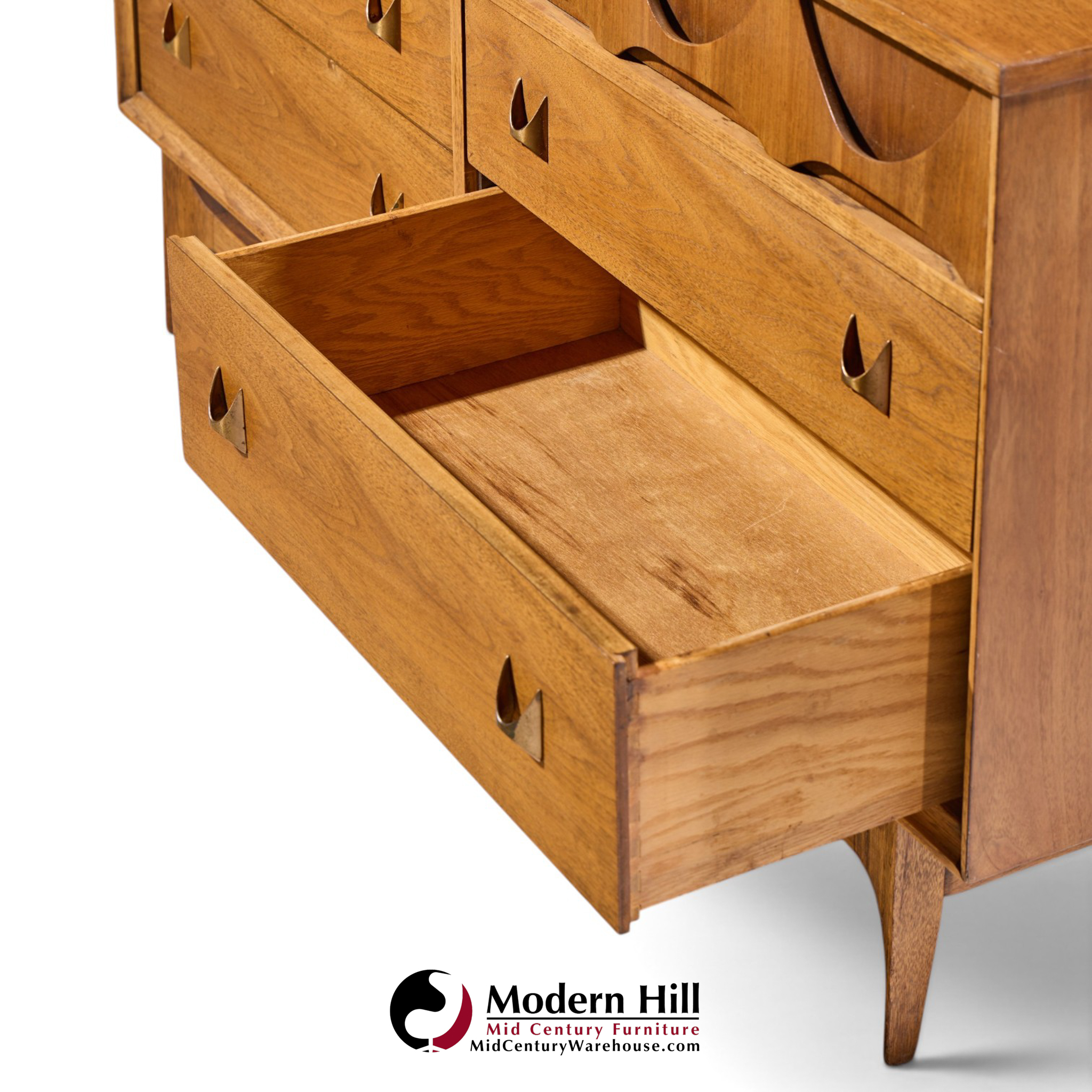 broyhill brasilia mid century walnut and brass 6-drawer lowboy dresser