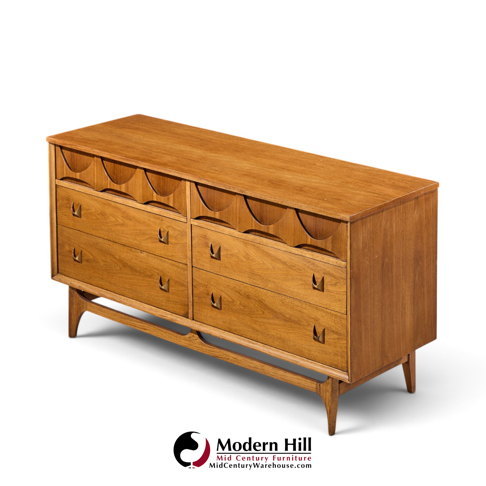 broyhill brasilia mid century walnut and brass 6-drawer lowboy dresser