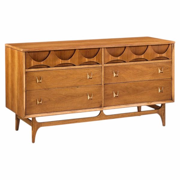 broyhill brasilia mid century walnut and brass 6-drawer lowboy dresser