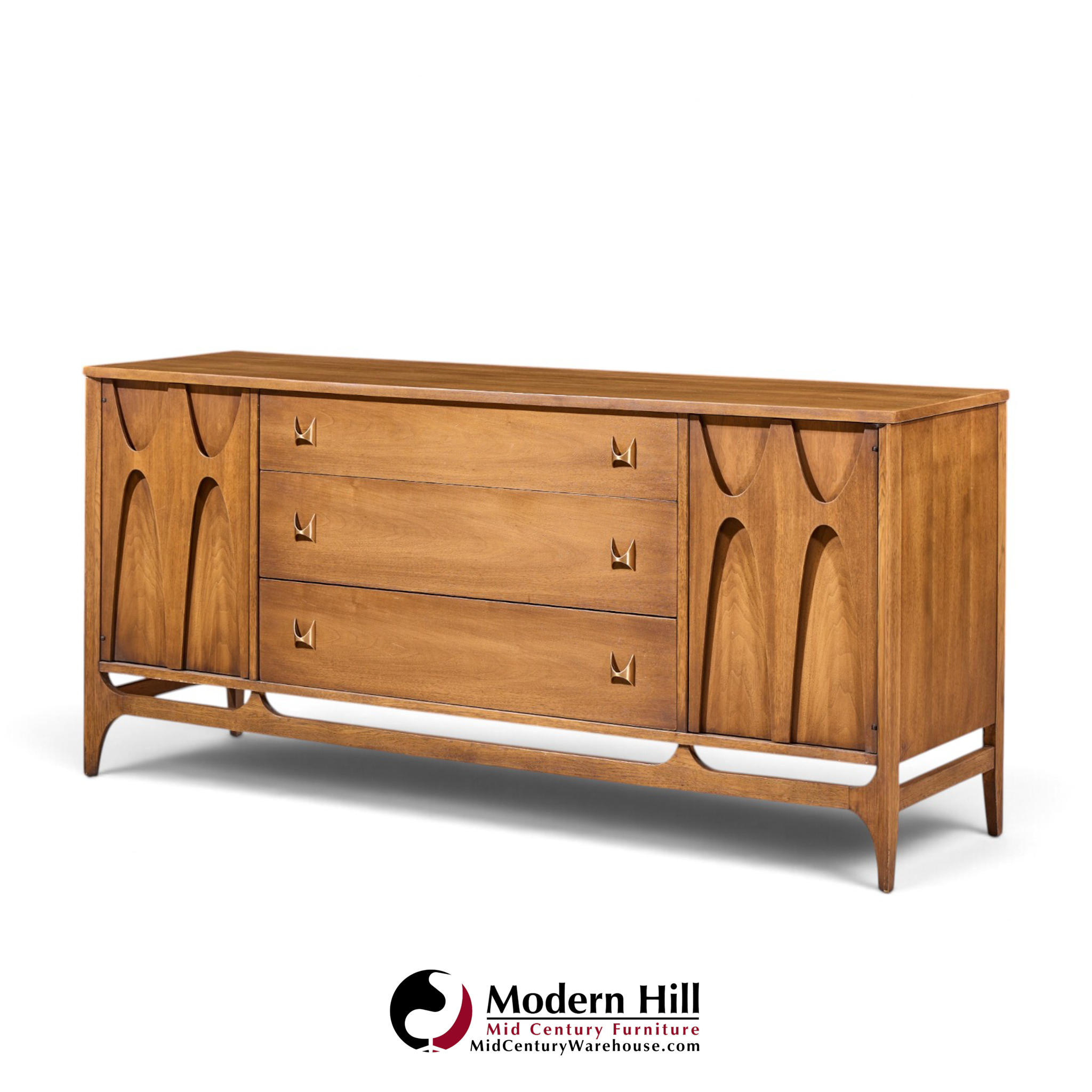 broyhill brasilia mid century walnut and brass 66 inch credenza