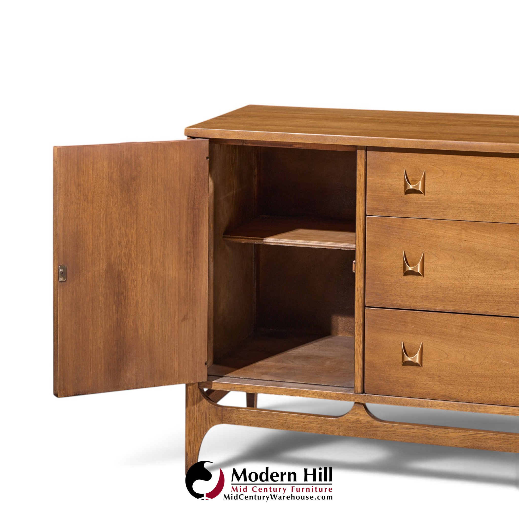 broyhill brasilia mid century walnut and brass 66 inch credenza