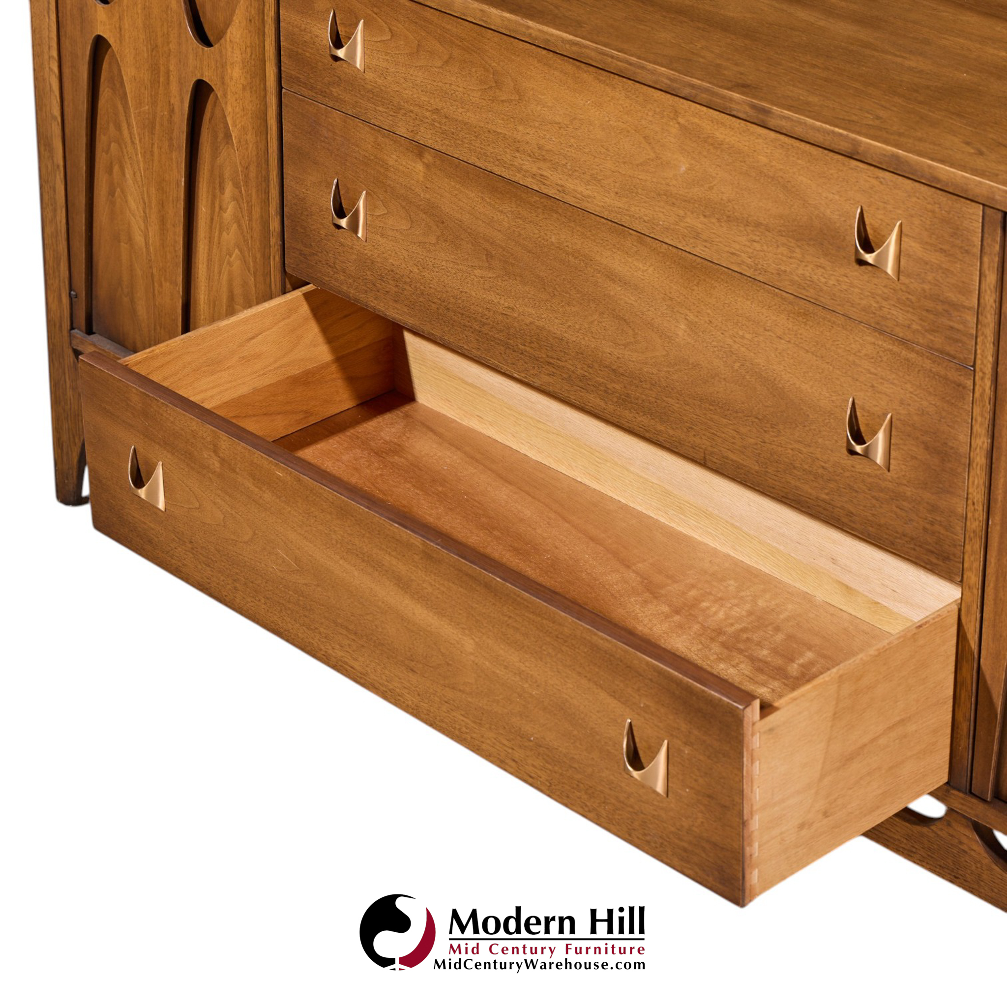 broyhill brasilia mid century walnut and brass 66 inch credenza