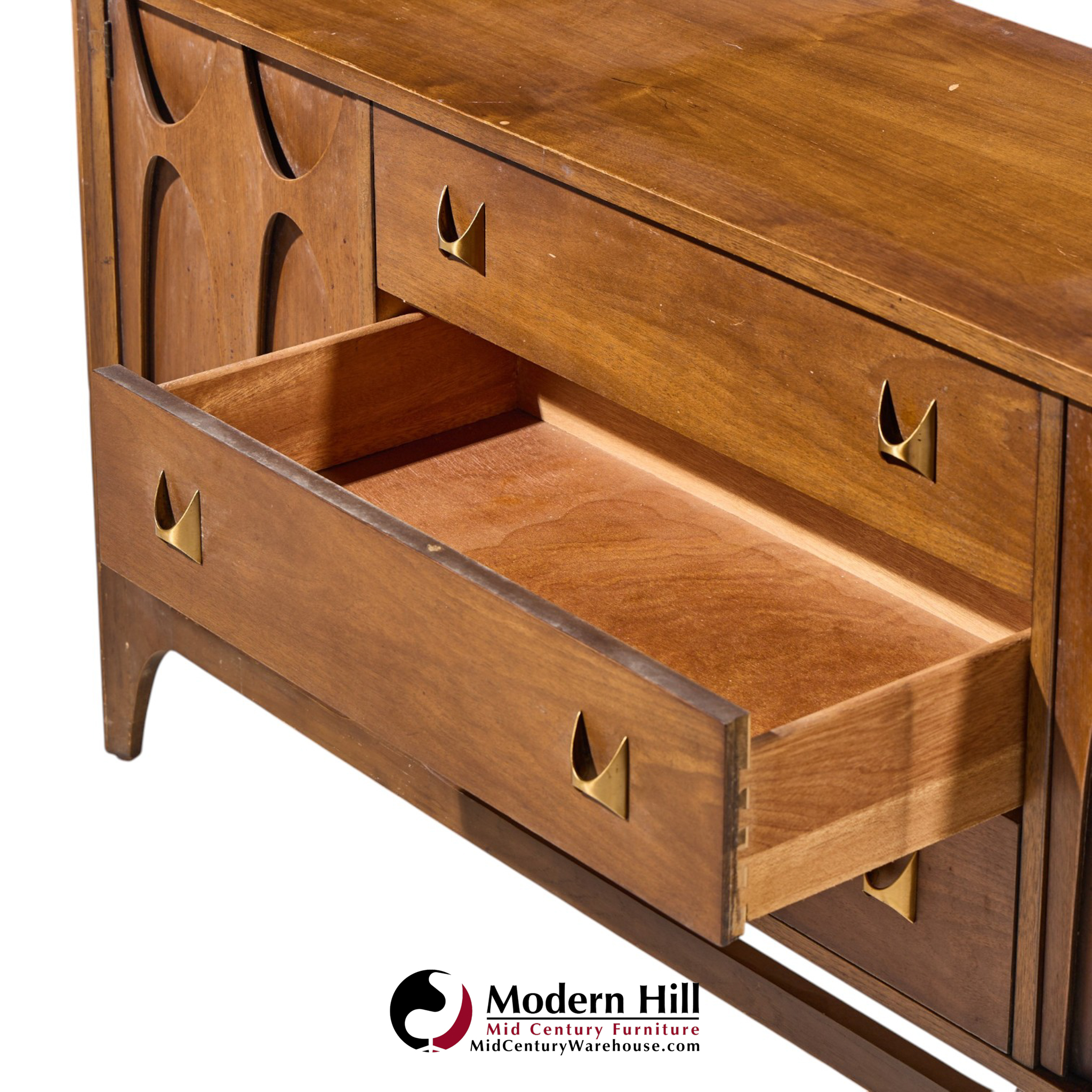 broyhill brasilia mid century walnut and brass credenza