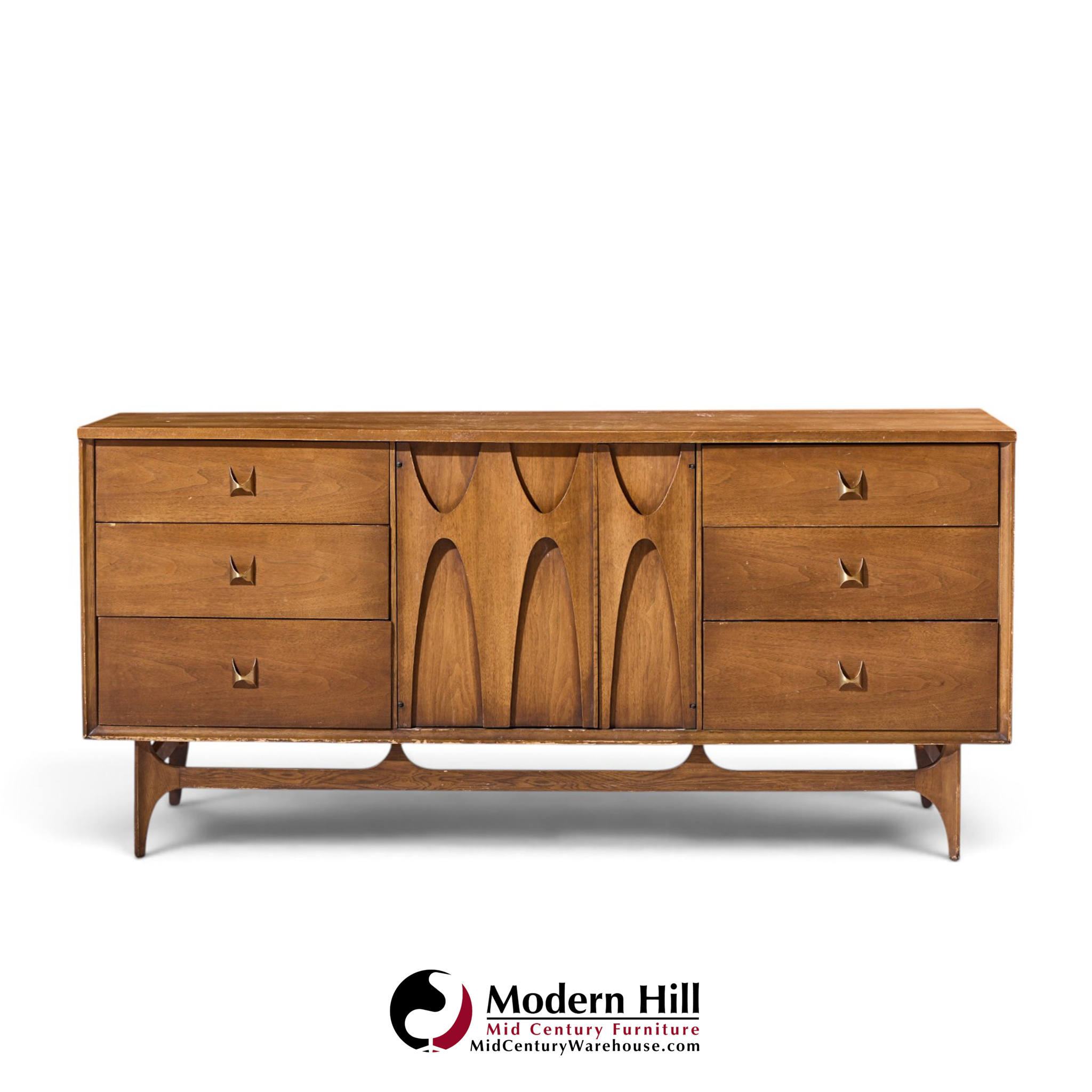 broyhill brasilia mid century walnut and brass lowboy 9 drawer dresser