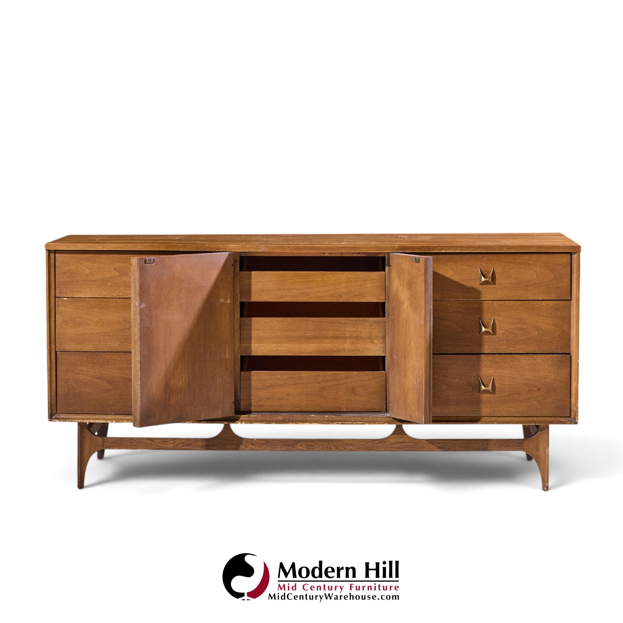 broyhill brasilia mid century walnut and brass lowboy 9 drawer dresser