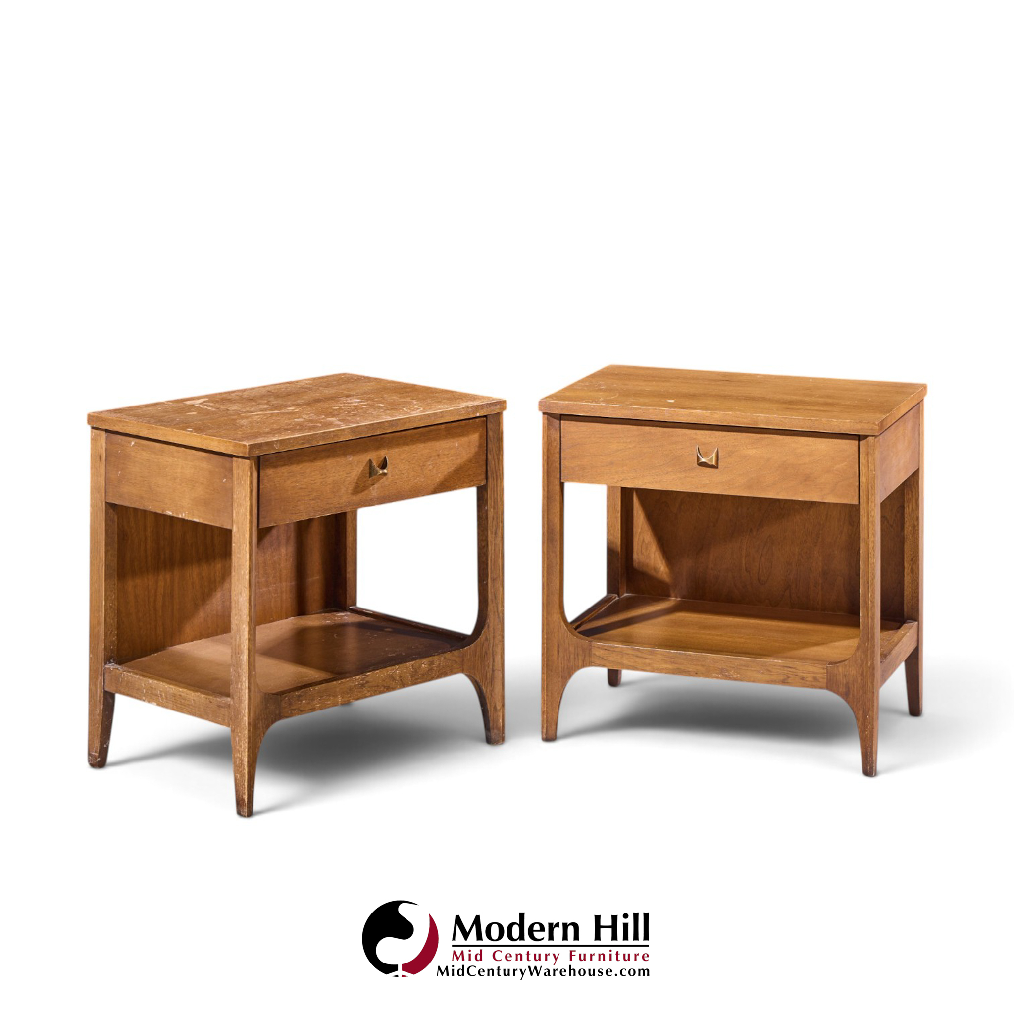 broyhill brasilia mid century walnut and brass nightstands - pair