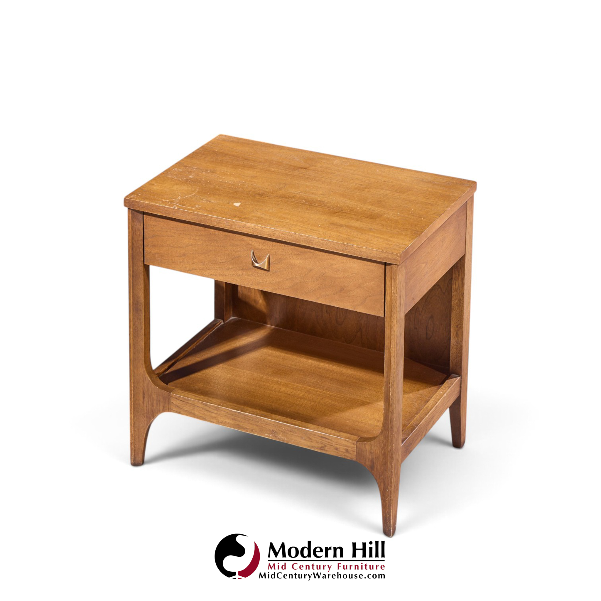 broyhill brasilia mid century walnut and brass nightstands - pair