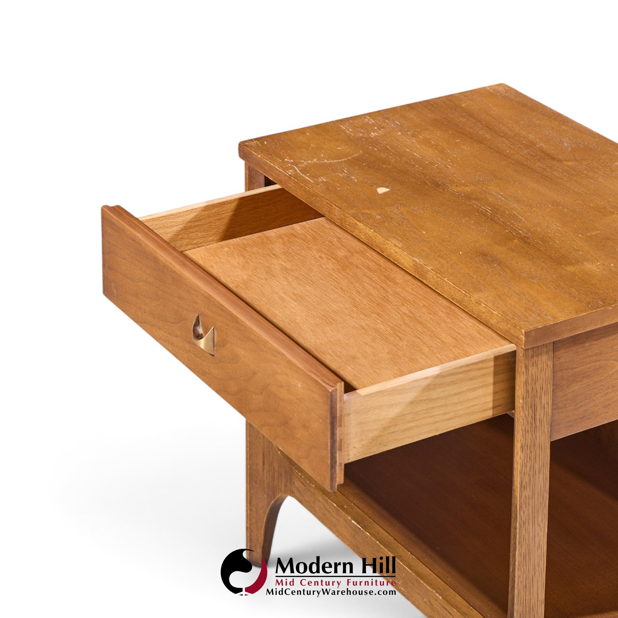 broyhill brasilia mid century walnut and brass nightstands - pair