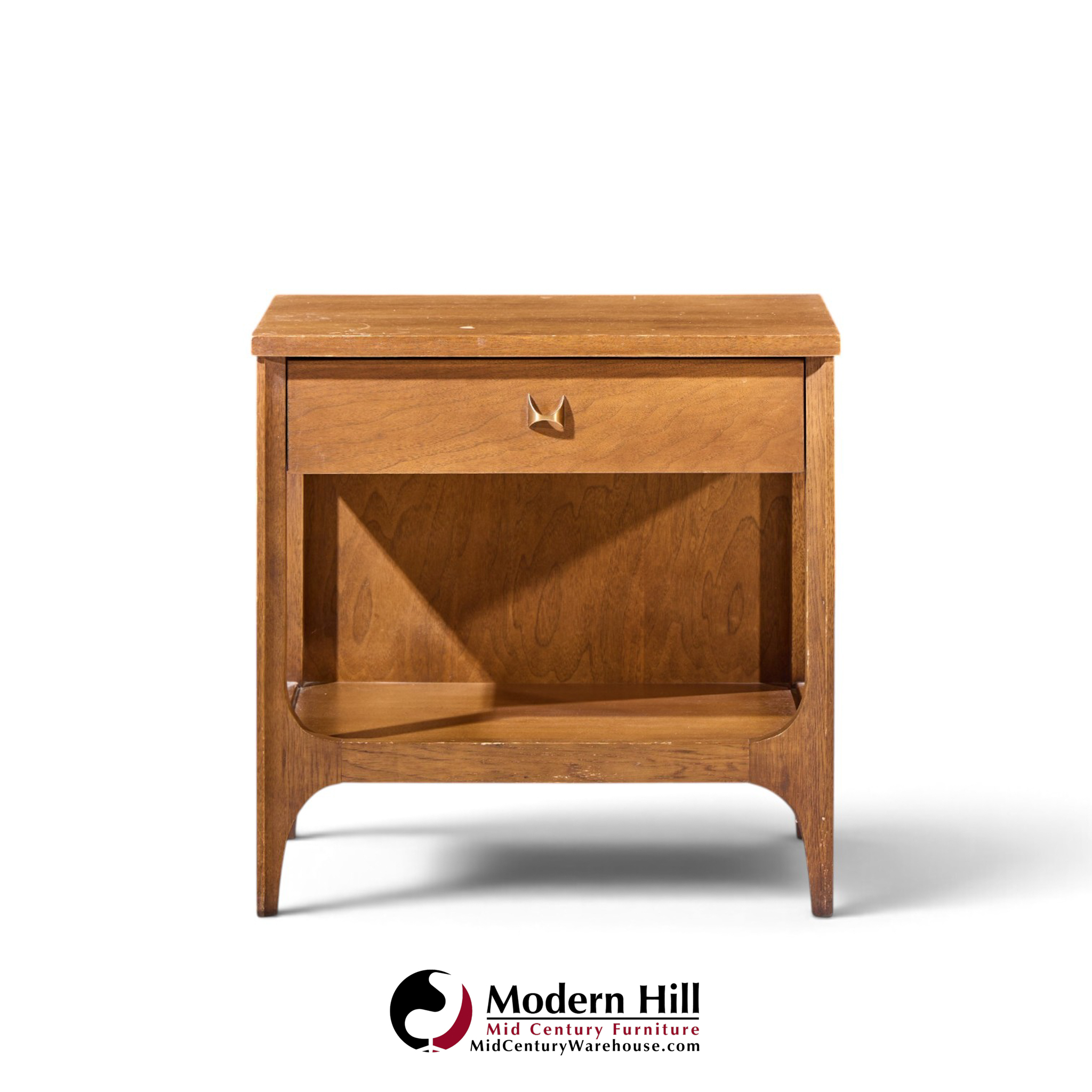 broyhill brasilia mid century walnut and brass nightstands - pair