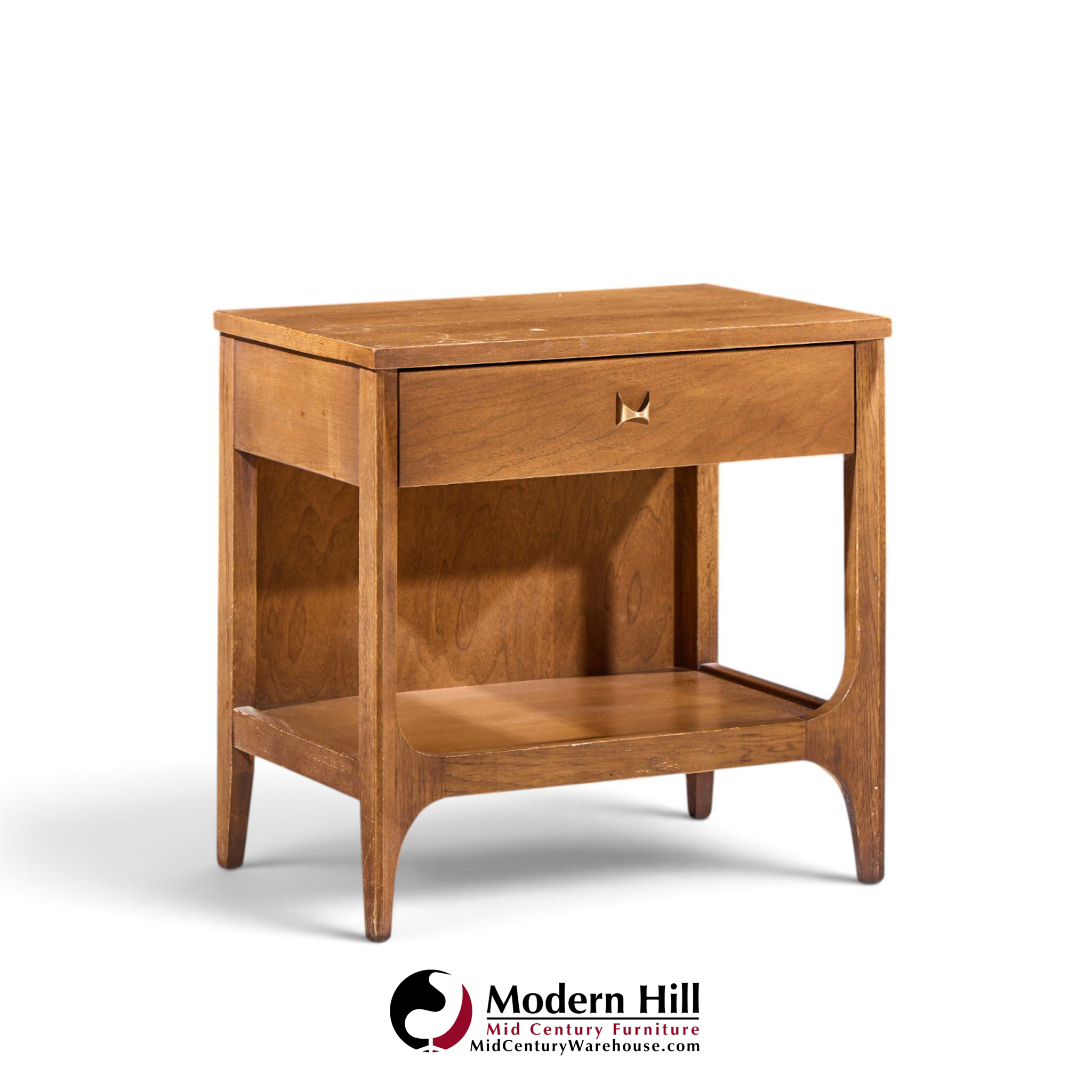 broyhill brasilia mid century walnut and brass nightstands - pair