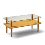 gilbert rhode style mid century walnut and glass coffee table