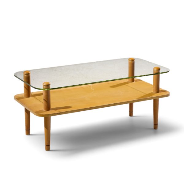 gilbert rhode style mid century walnut and glass coffee table