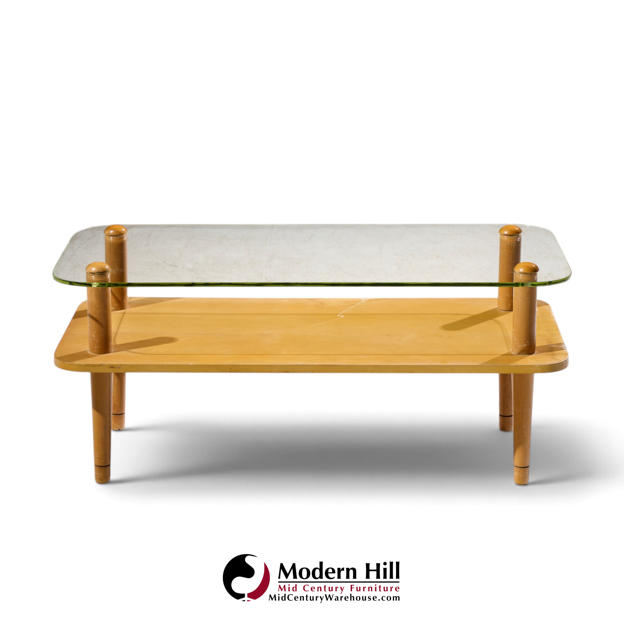 gilbert rhode style mid century walnut and glass coffee table