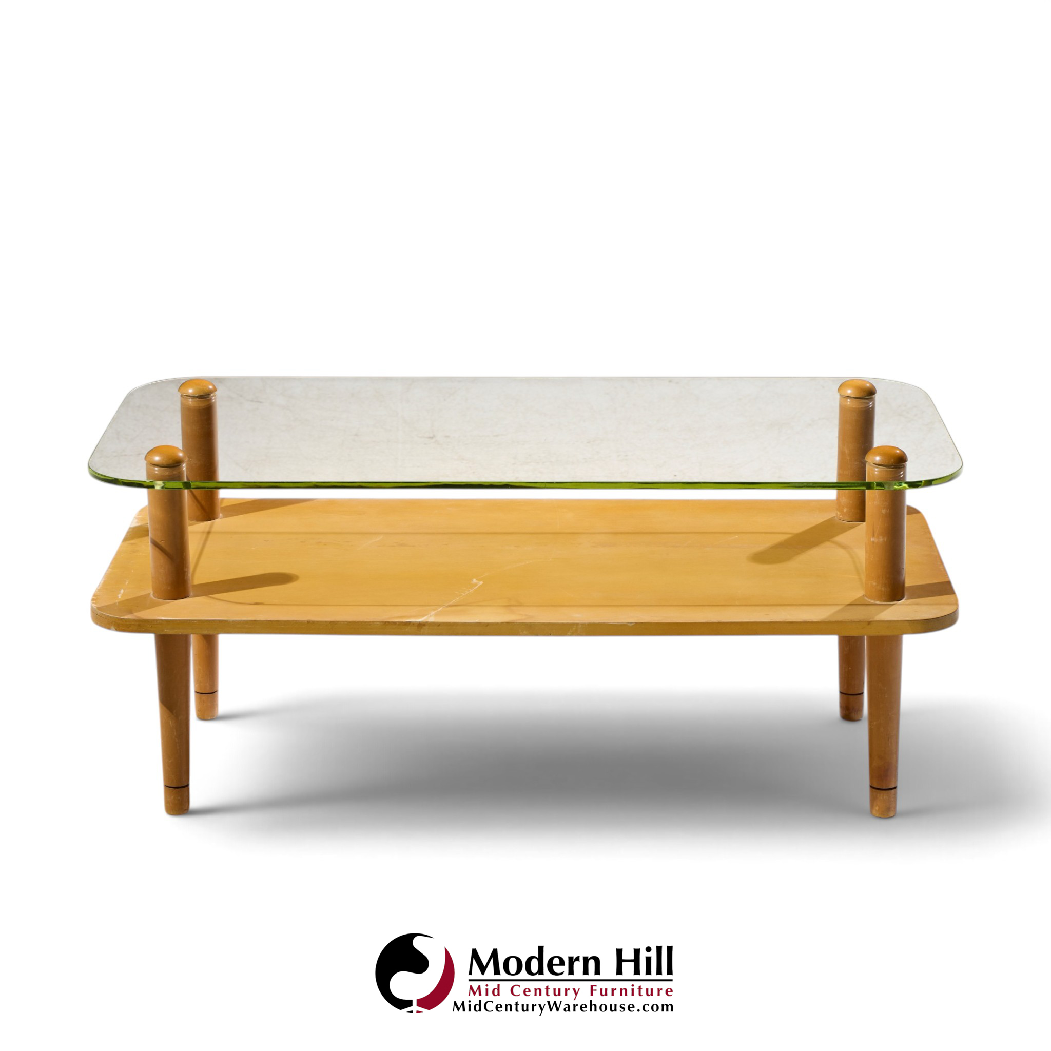 gilbert rhode style mid century walnut and glass coffee table