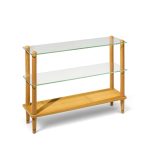 gilbert rohde style mid century glass and walnut console table