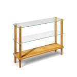 gilbert rohde style mid century glass and walnut console table