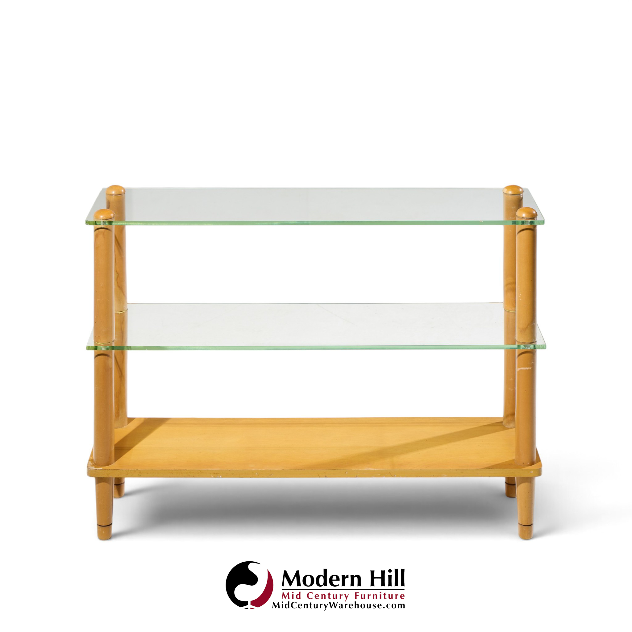gilbert rohde style mid century glass and walnut console table