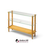 gilbert rohde style mid century glass and walnut console table