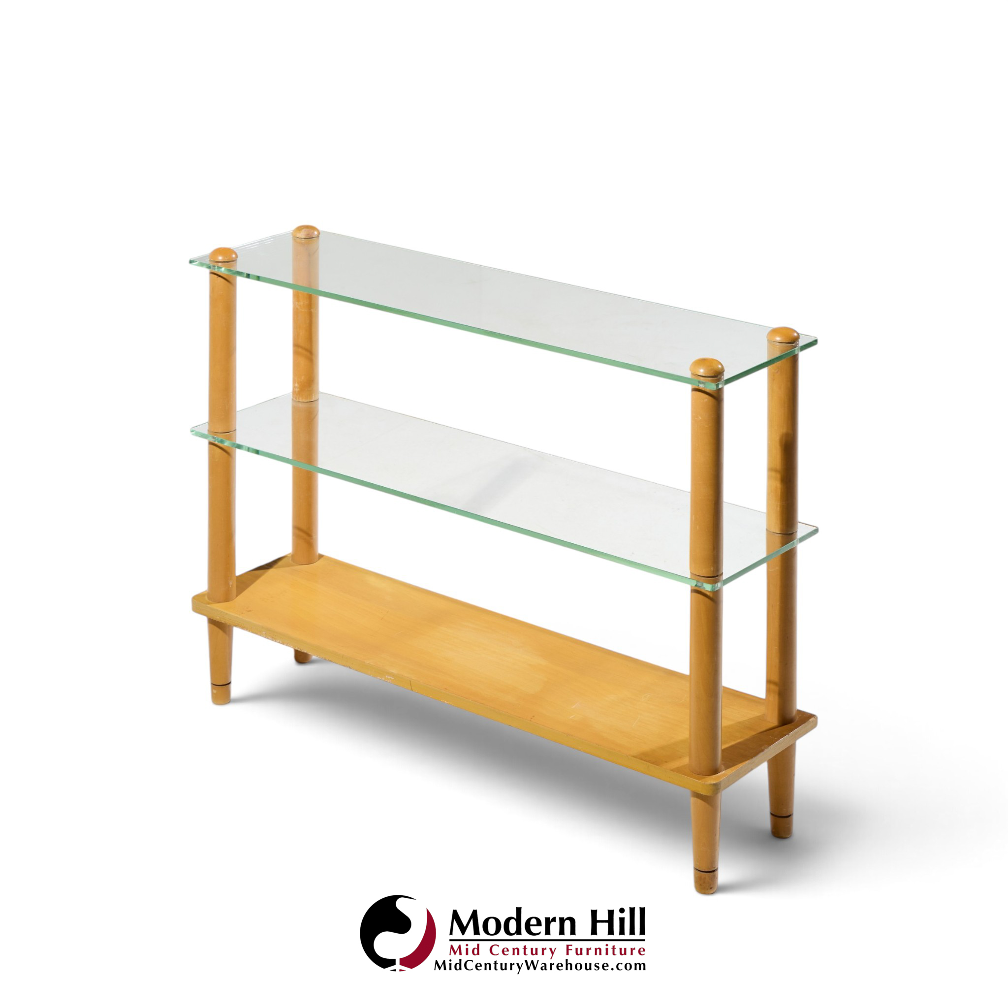 gilbert rohde style mid century glass and walnut console table