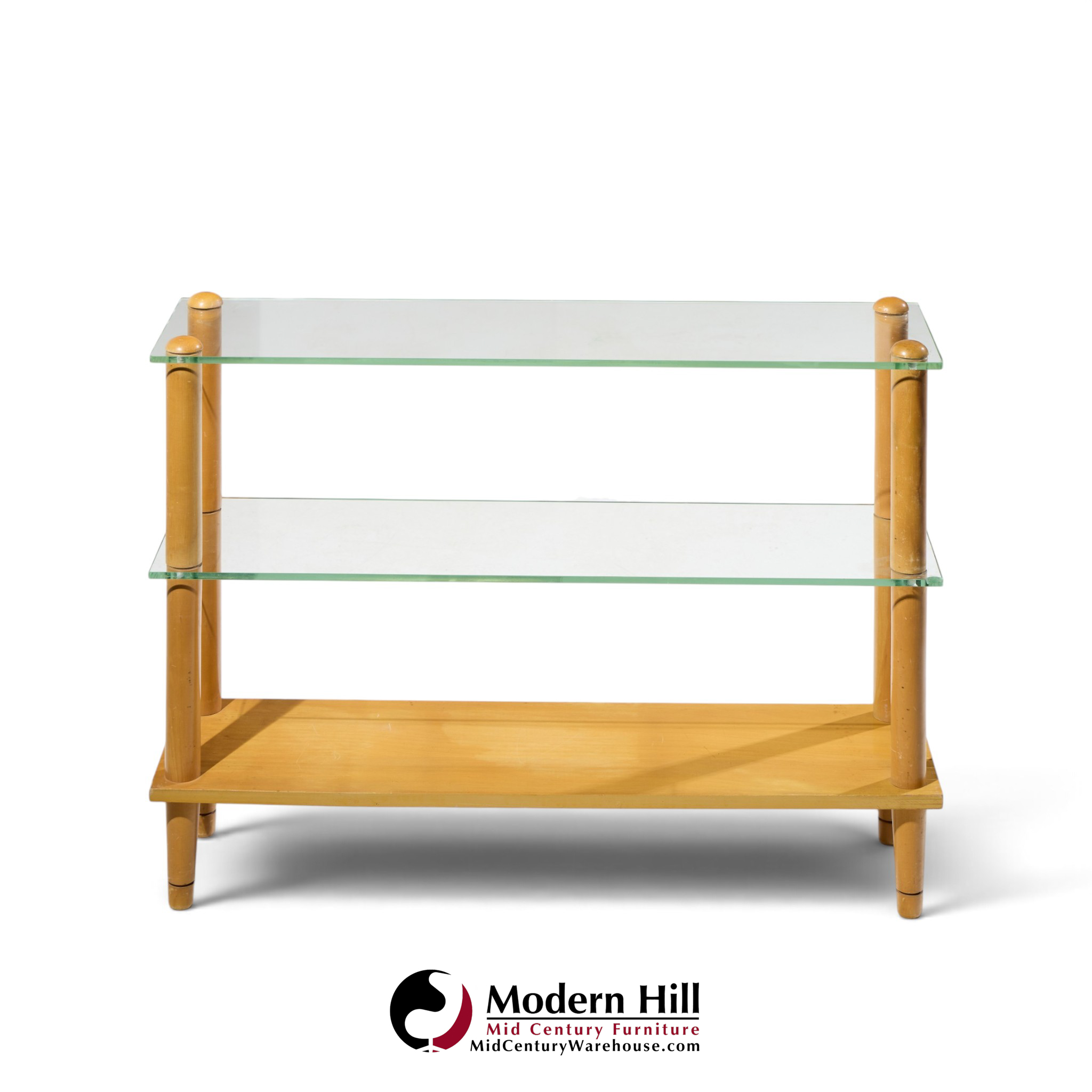 gilbert rohde style mid century glass and walnut console table
