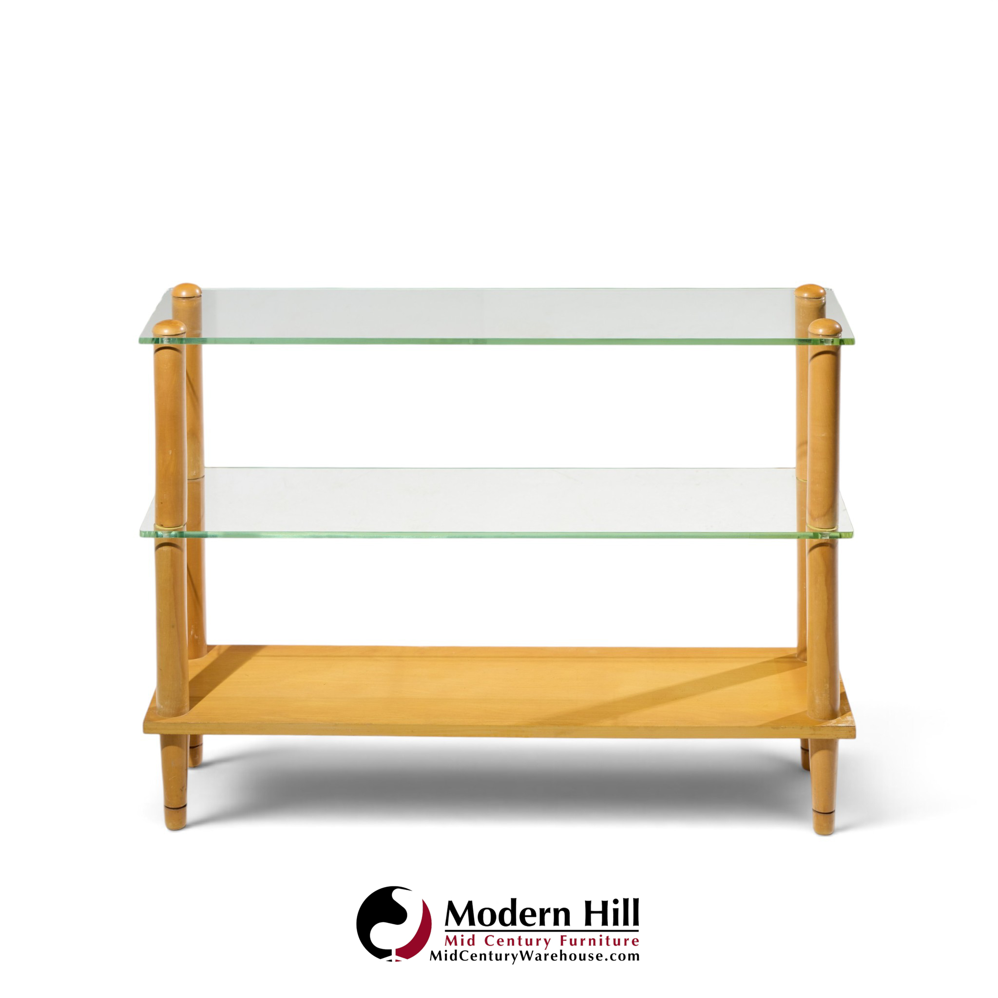 gilbert rohde style mid century glass and walnut console table