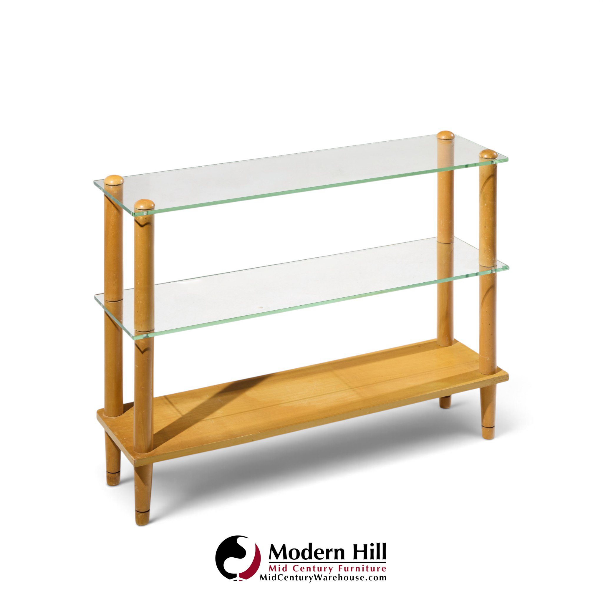 gilbert rohde style mid century glass and walnut console table
