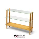 gilbert rohde style mid century glass and walnut console table