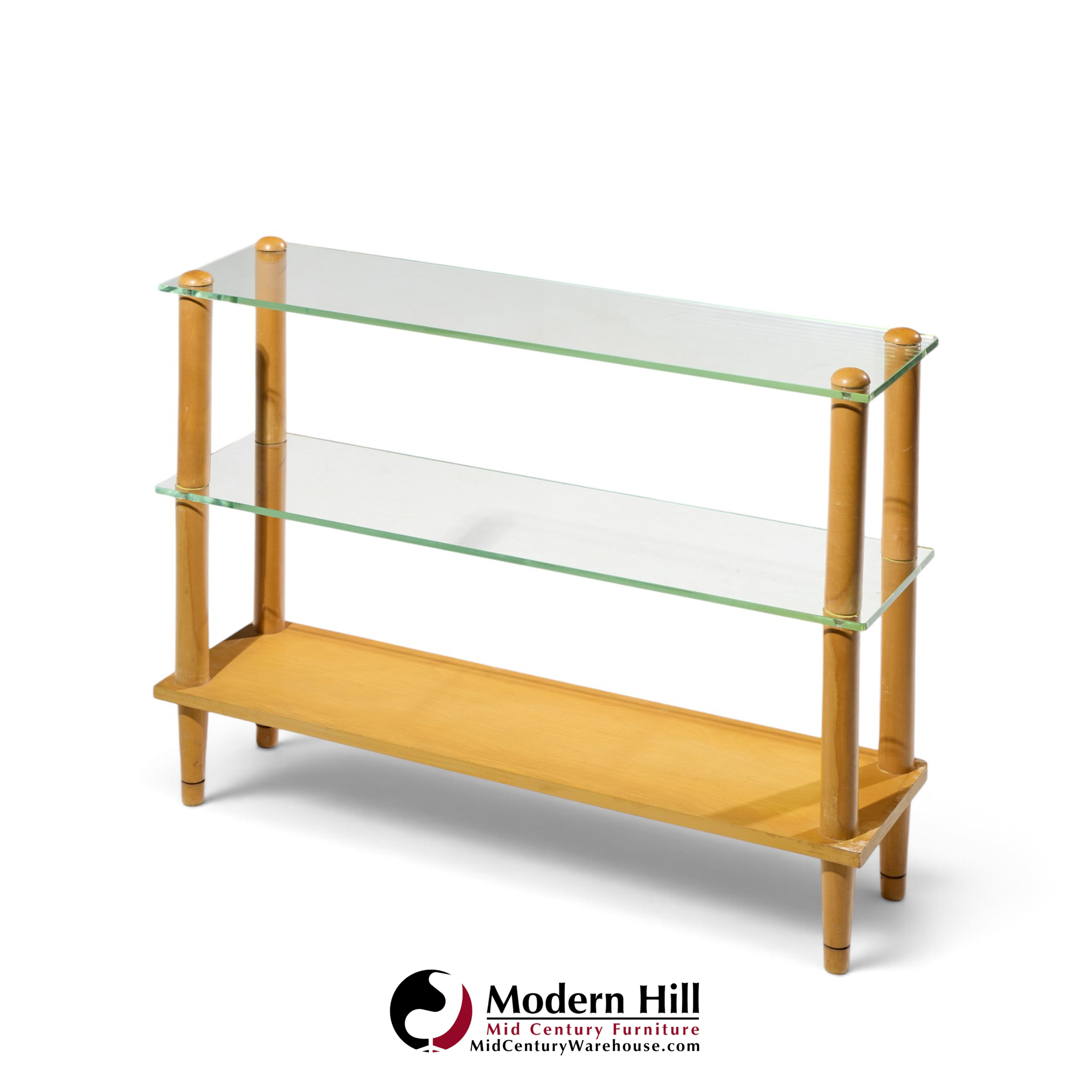 gilbert rohde style mid century glass and walnut console table