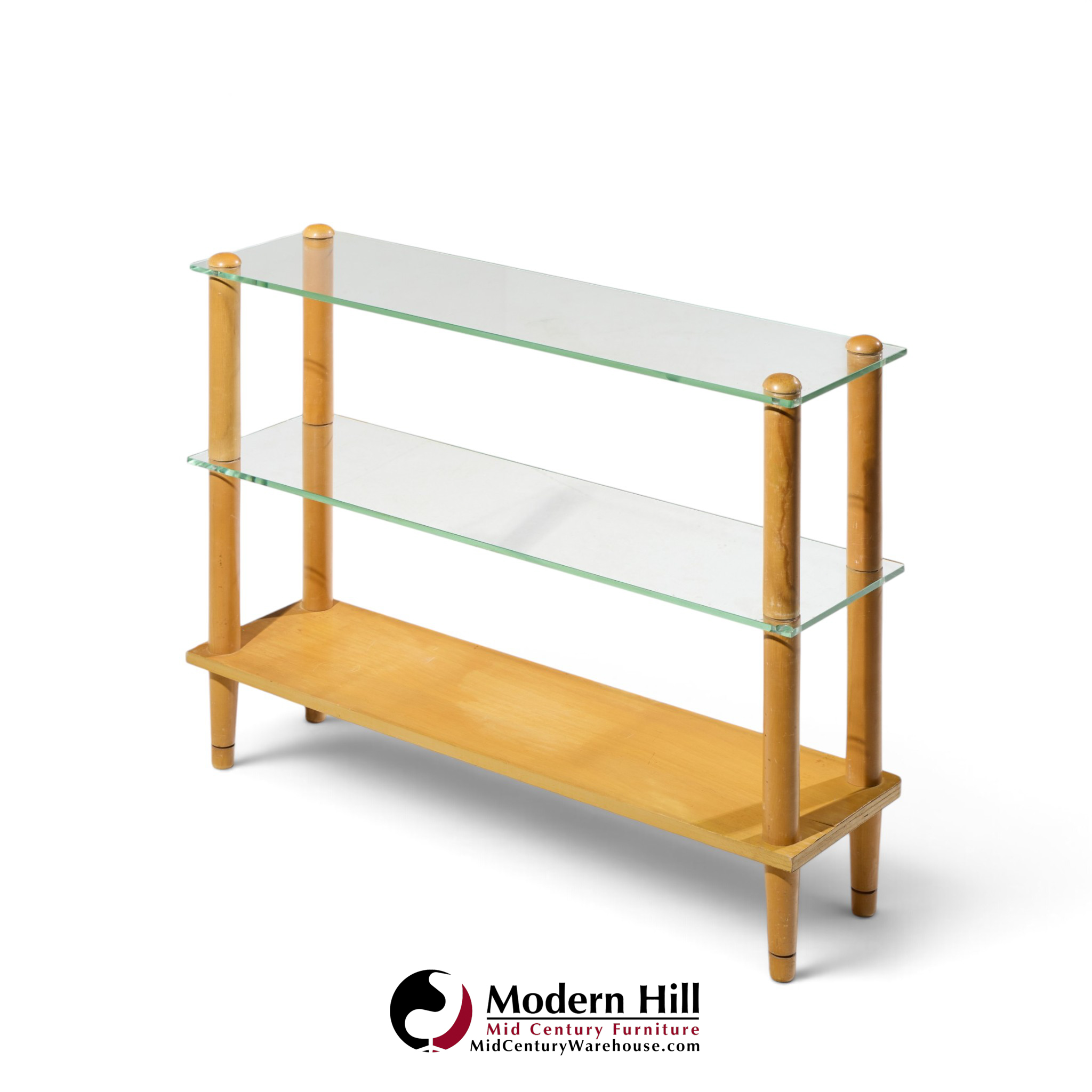 gilbert rohde style mid century glass and walnut console table