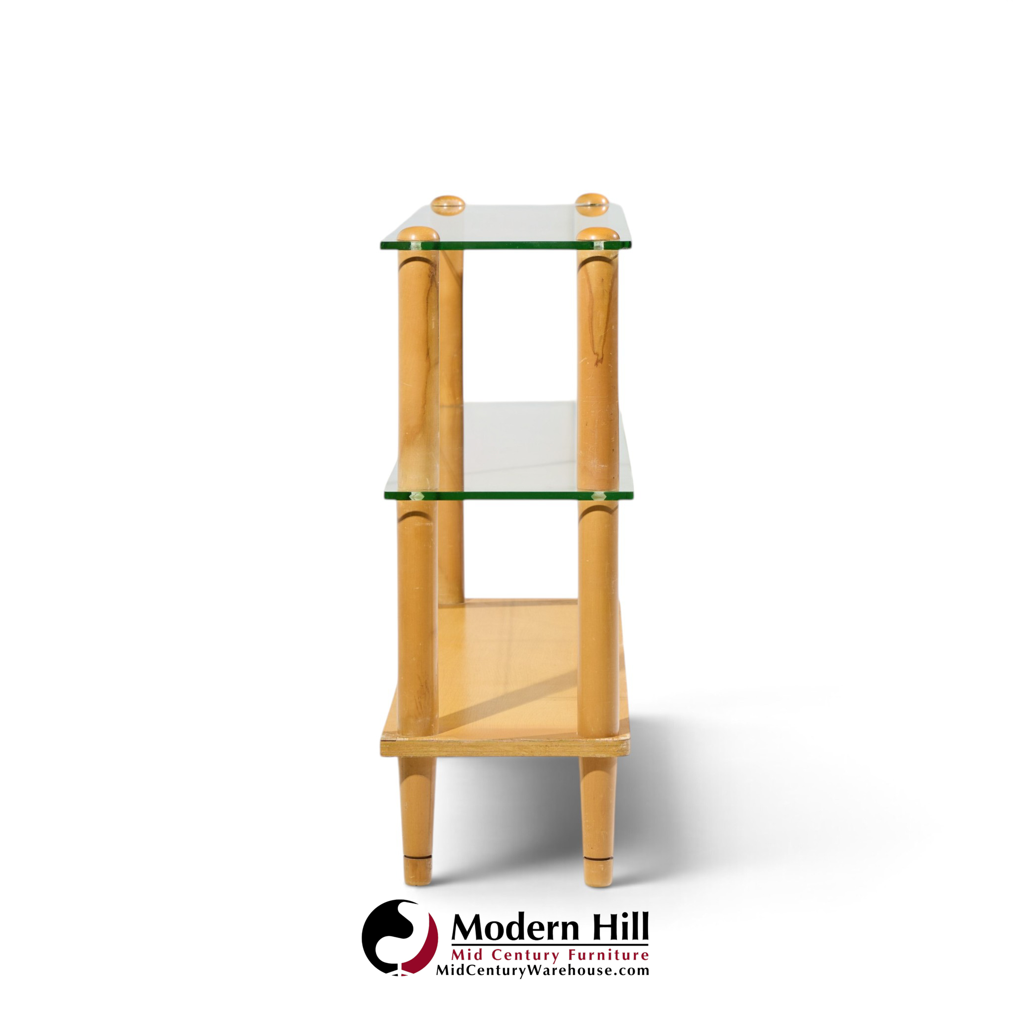 gilbert rohde style mid century glass and walnut console table