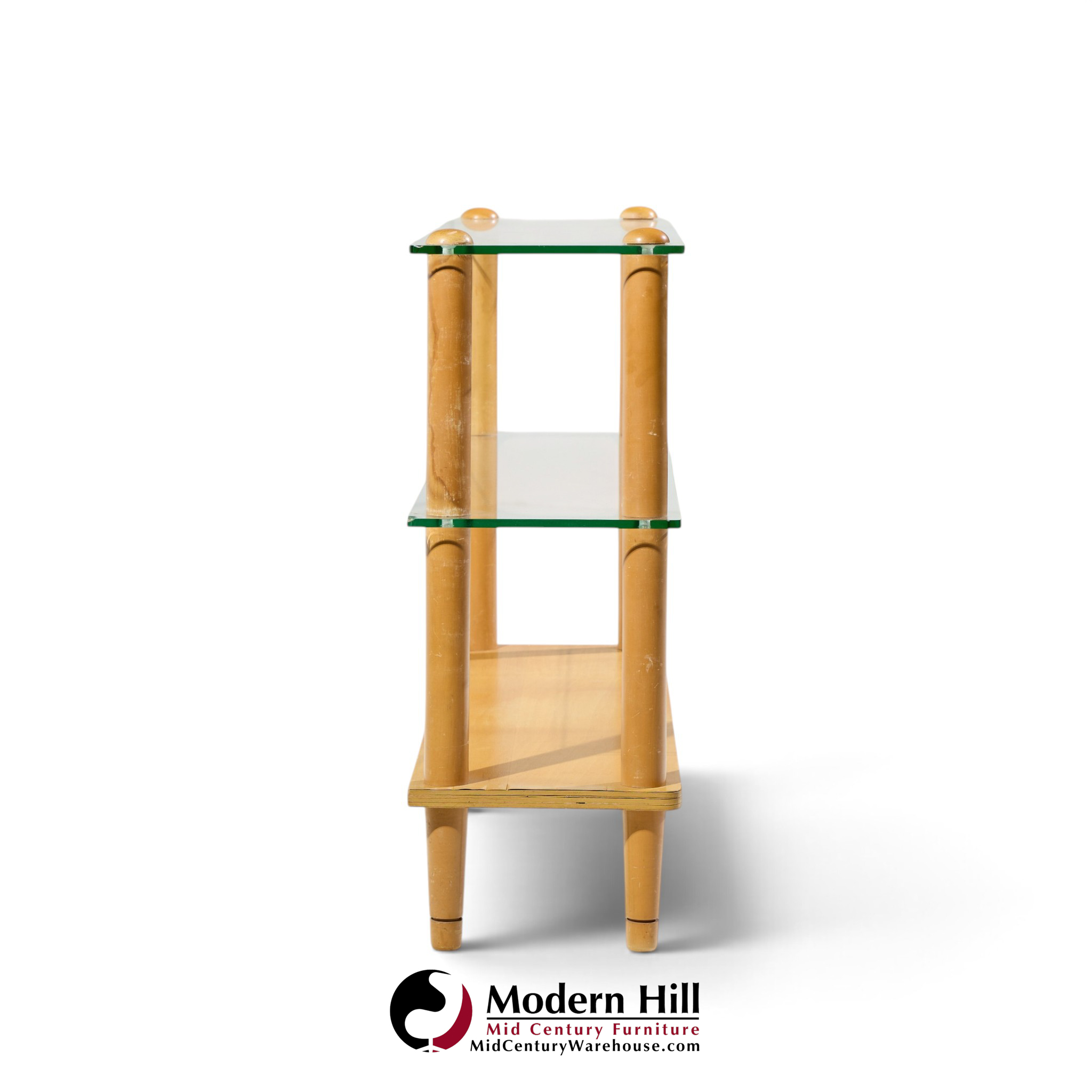 gilbert rohde style mid century glass and walnut console table
