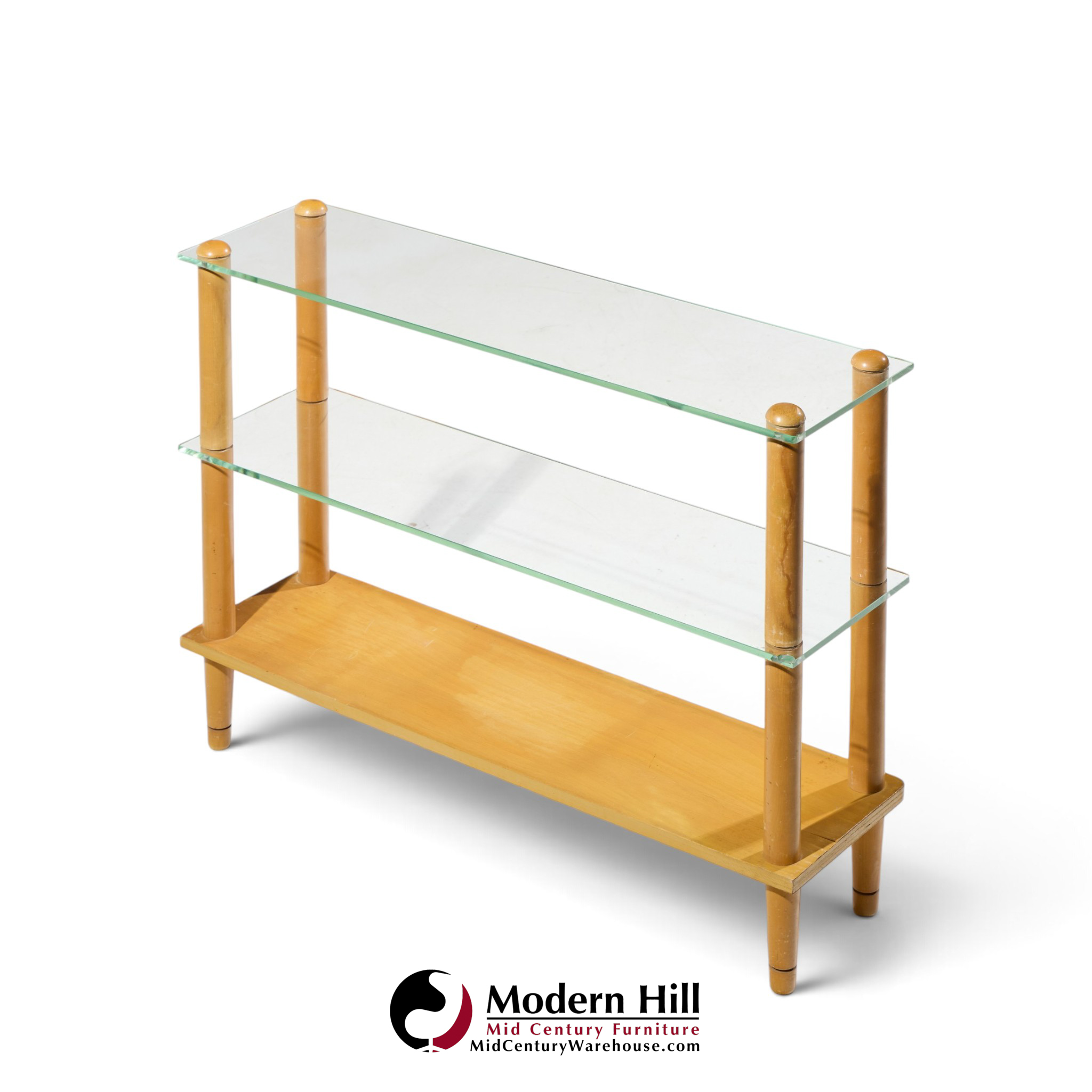 gilbert rohde style mid century glass and walnut console table