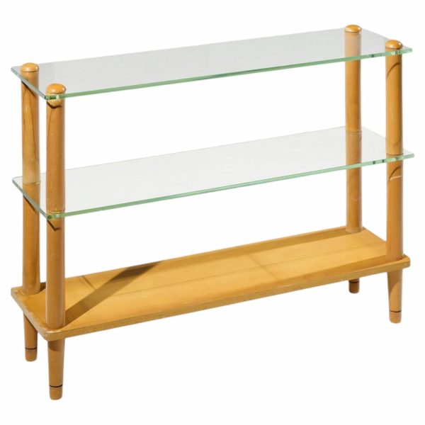 gilbert rohde style mid century glass and walnut console table