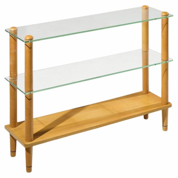 gilbert rohde style mid century glass and walnut console table