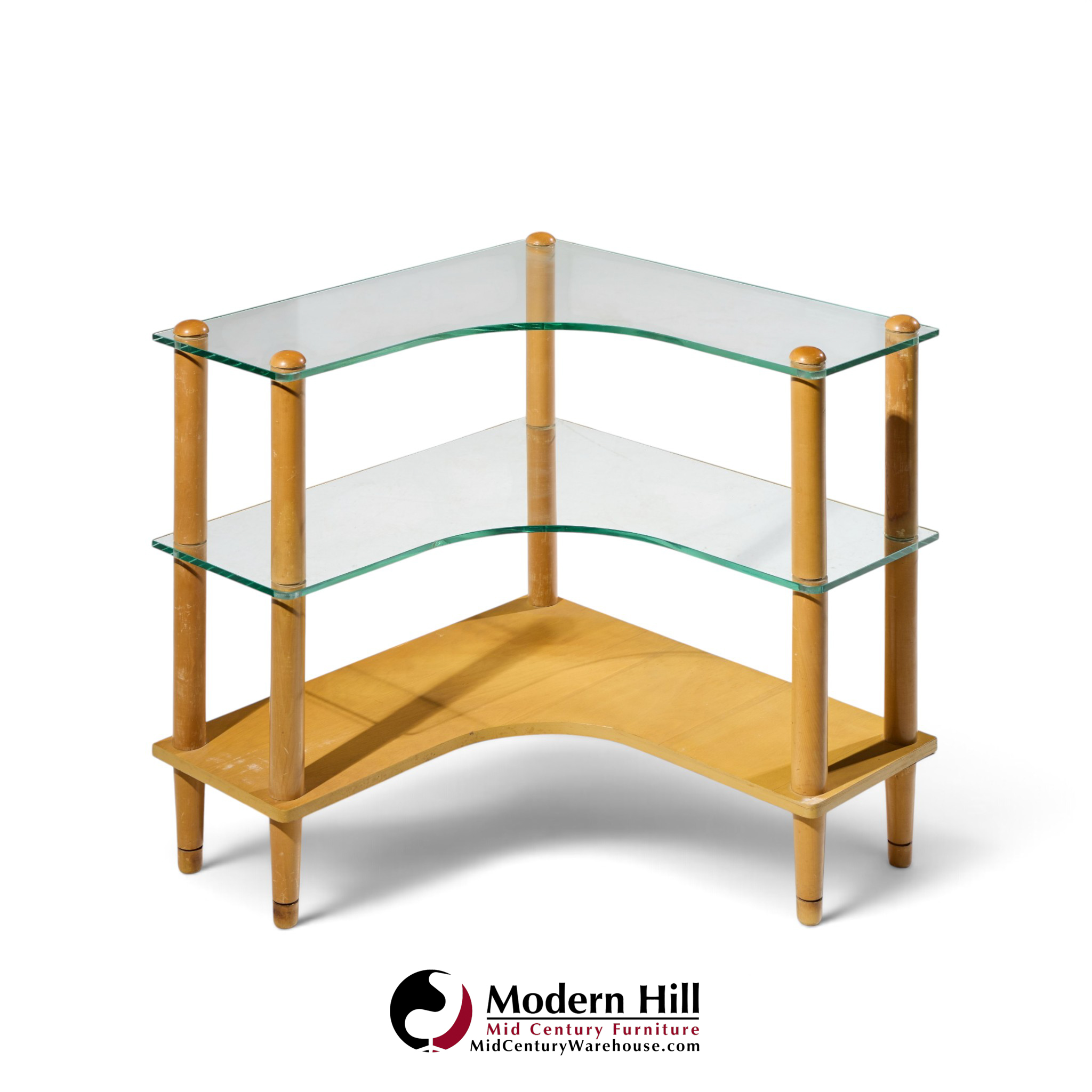 gilbert rohde style mid century glass and walnut corner table
