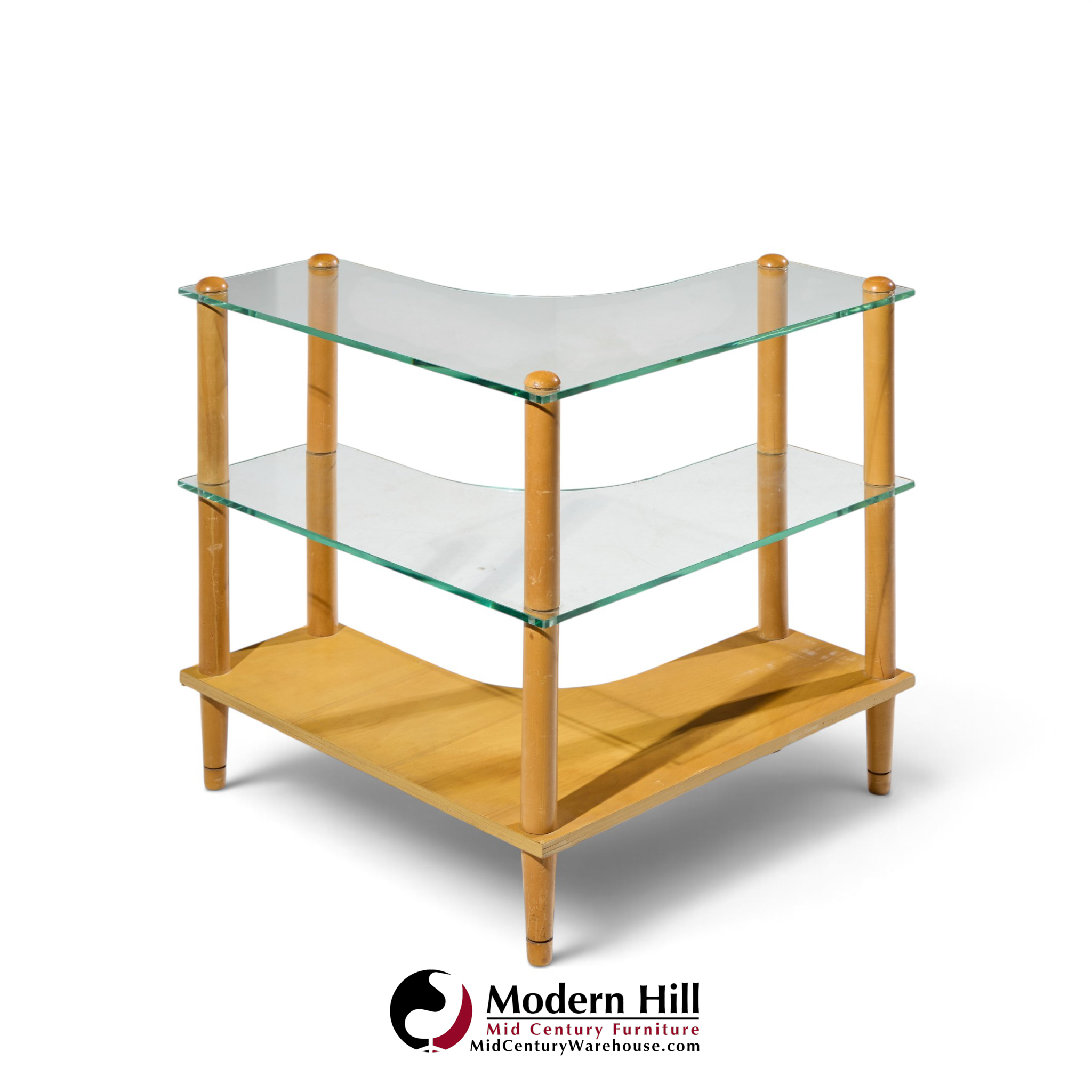 gilbert rohde style mid century glass and walnut corner table