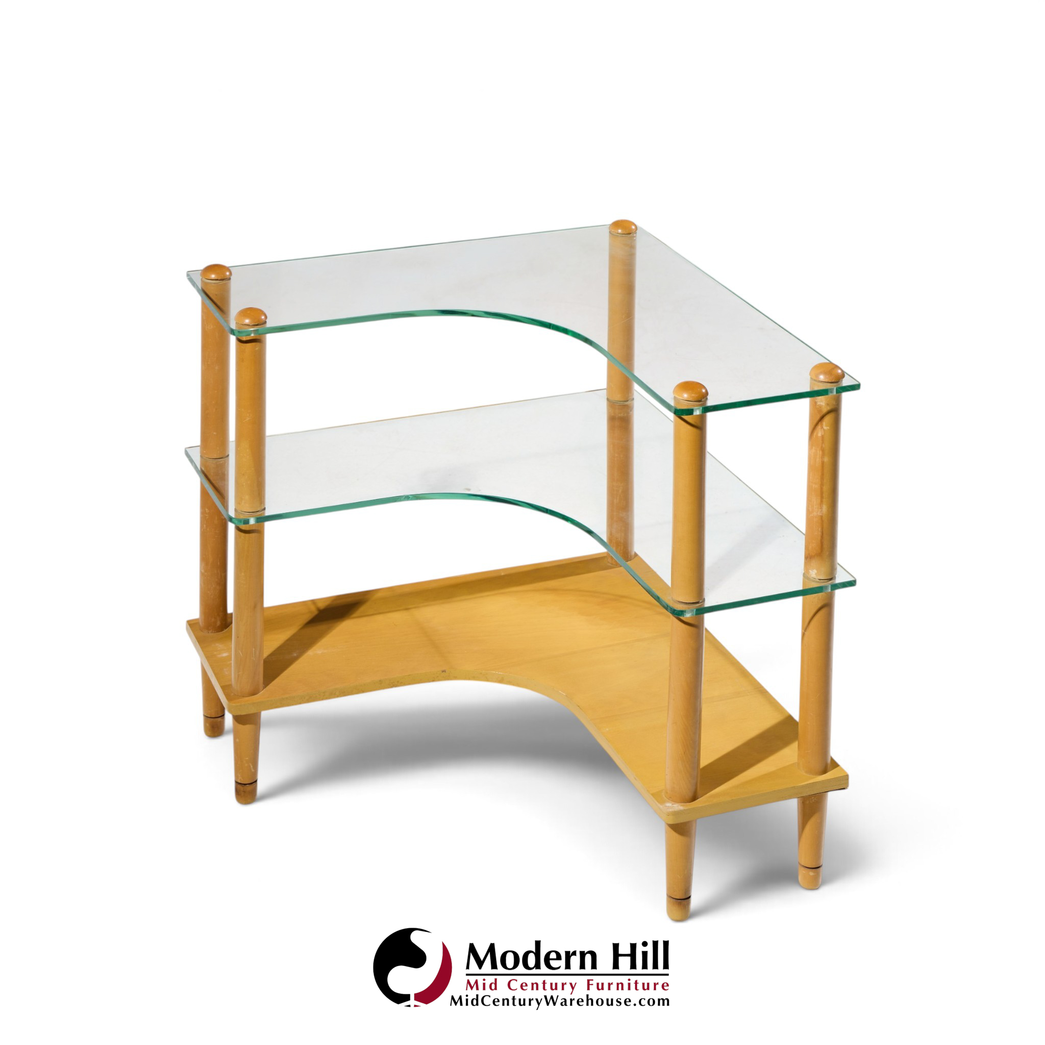 gilbert rohde style mid century glass and walnut corner table