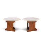 harvey probber mid century walnut and terrazzo top hexagon side tables - pair