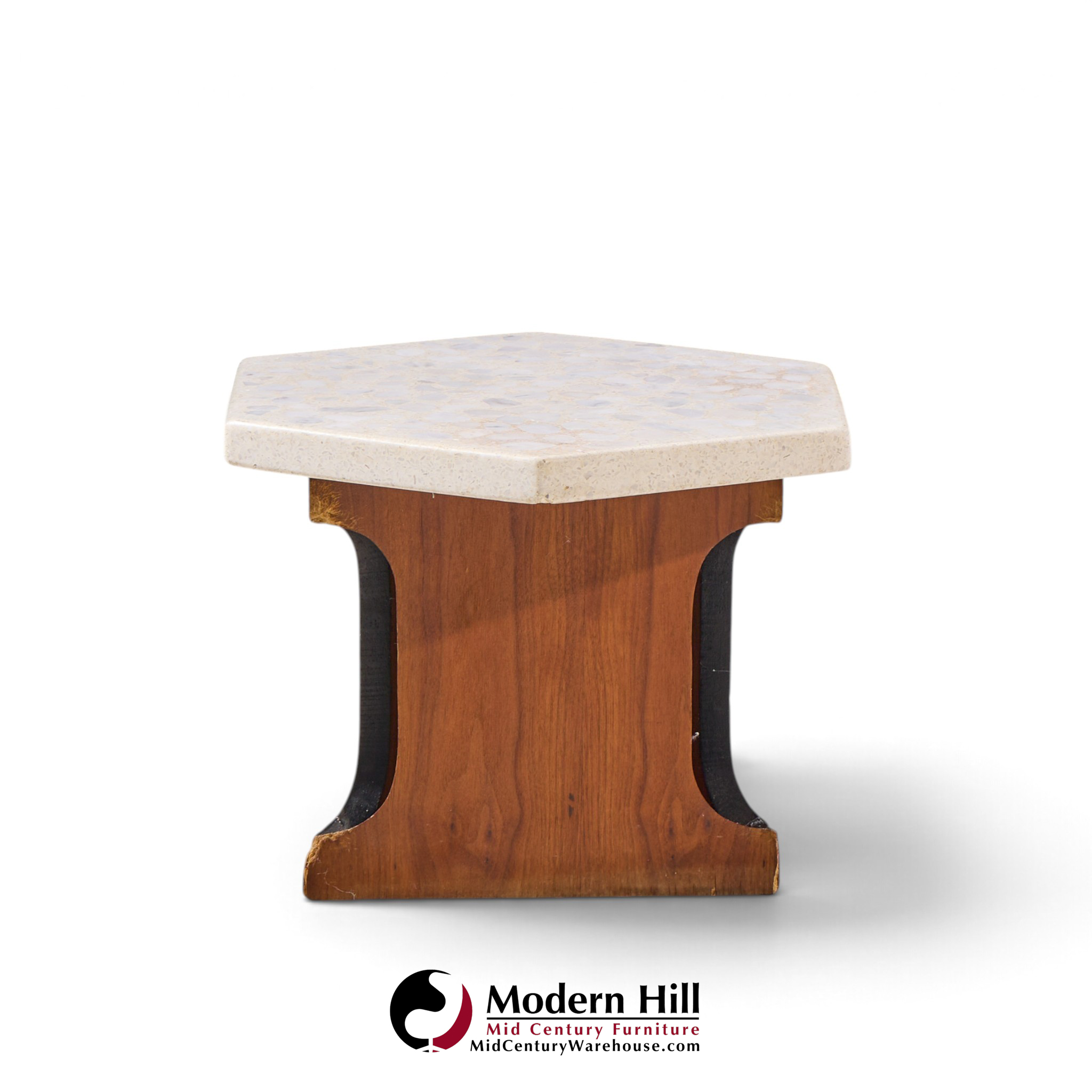 harvey probber mid century walnut and terrazzo top hexagon side tables - pair