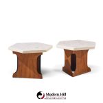 harvey probber mid century walnut and terrazzo top hexagon side tables - pair